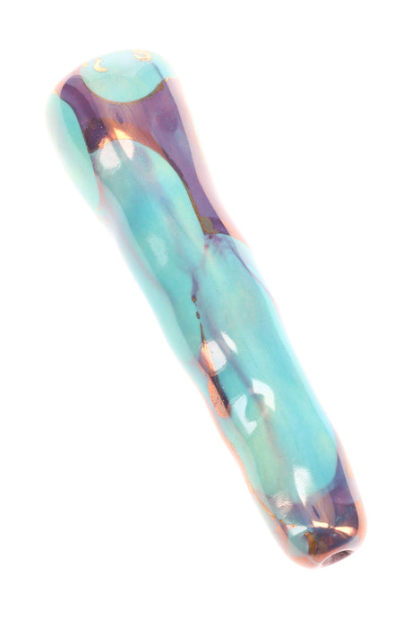 Turquoise 4-inch ceramic chunky bat one-hitter with lavender marbling and gold accents, rounded mouthpiece.