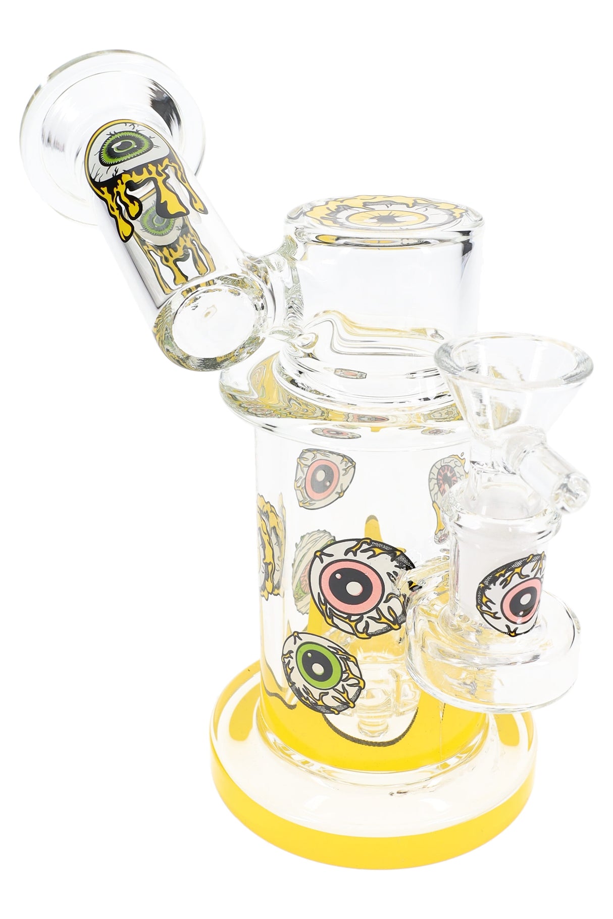 Yellow-accent eyeball sidecar glass bong with GoG joint and stable puck base, featuring dripping eye artwork, 5.5″.