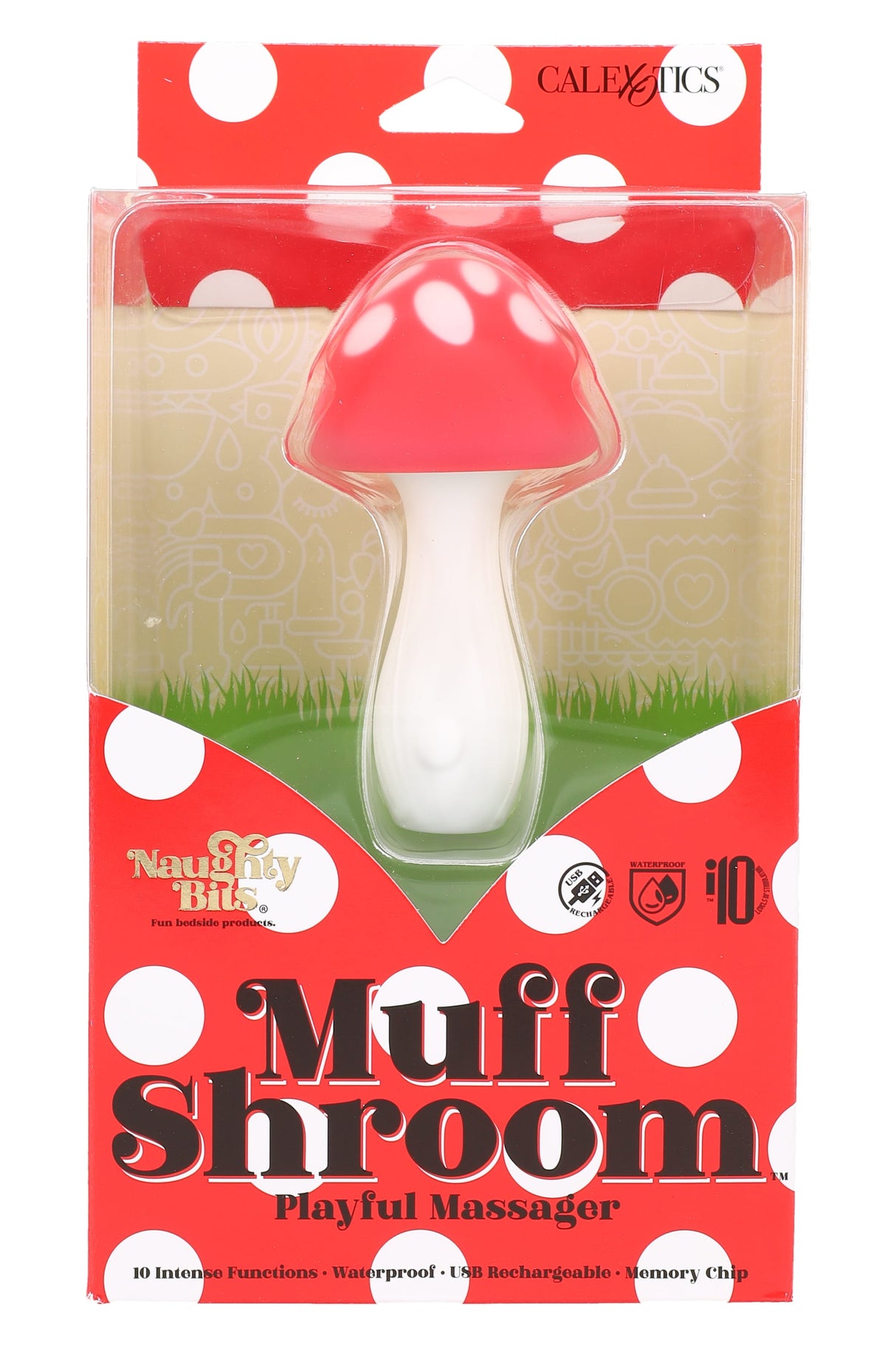 Compact red-and-white mushroom-shaped silicone vibrator with playful packaging, USB rechargeable, 10 vibration functions