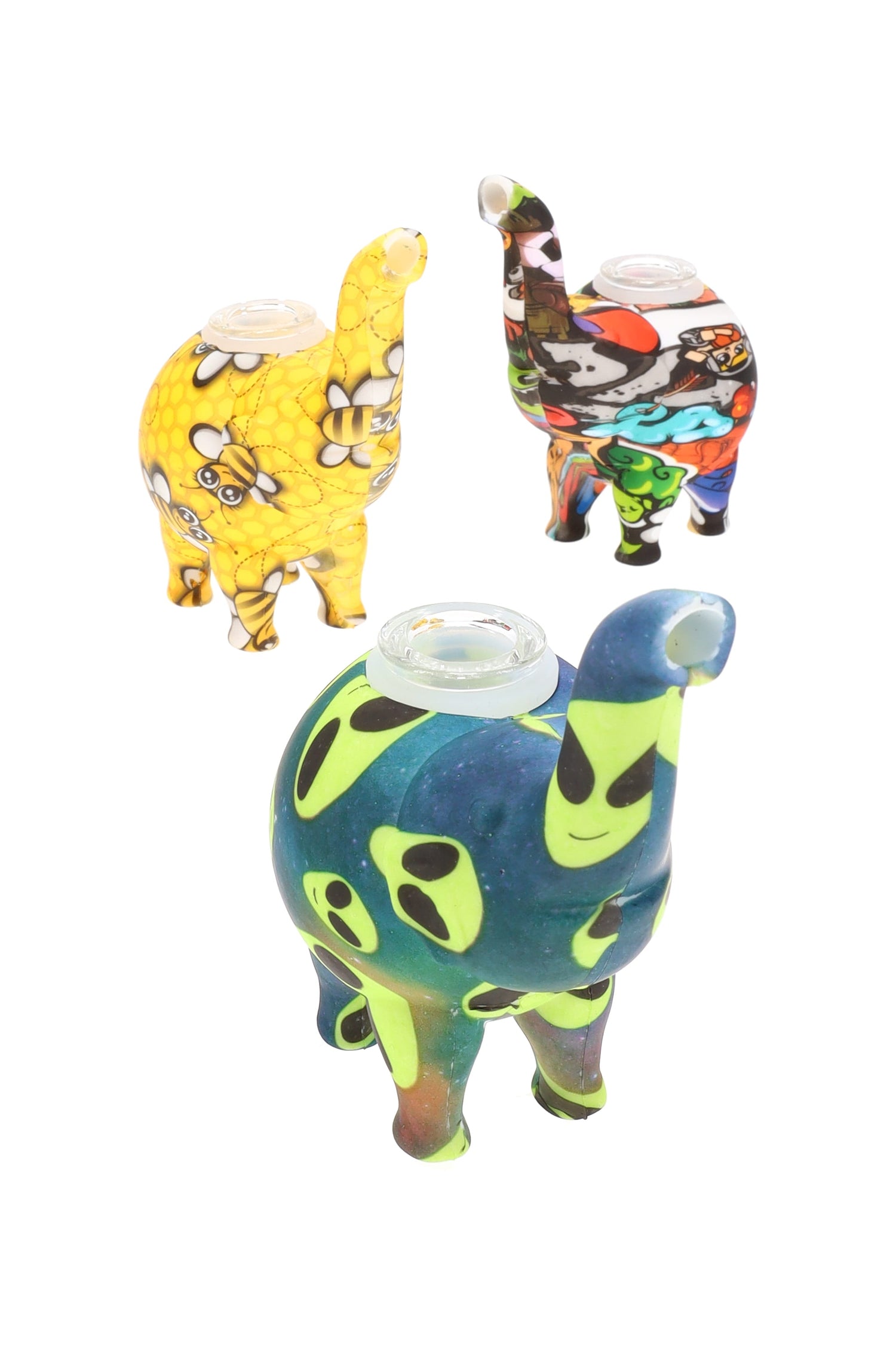 Decal print silicone elephant bubbler with clear glass bowl and raised trunk mouthpiece; assorted colors and designs.
