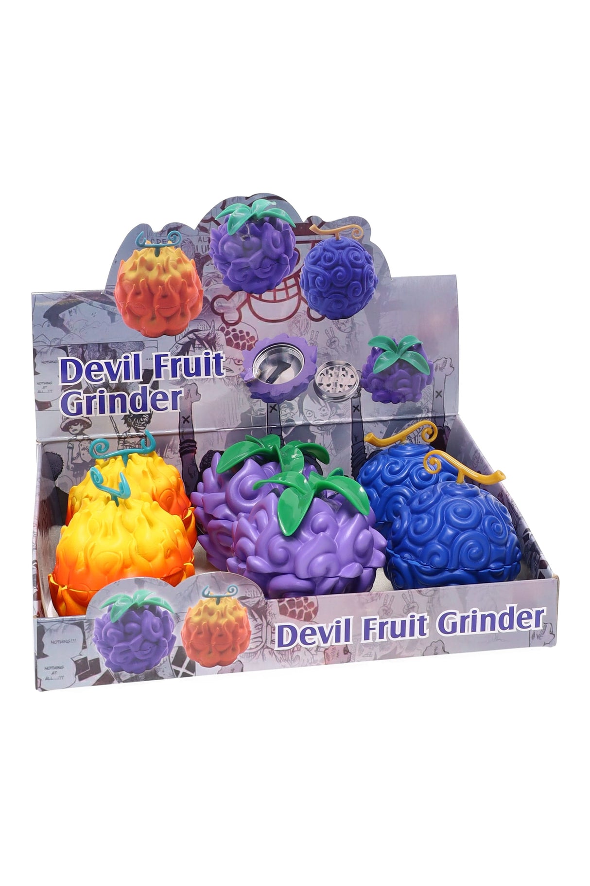 Six assorted Devil Fruit herb grinders in orange, purple, and blue with raised swirl textures