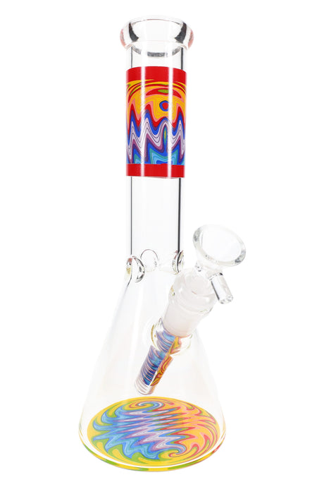 Red-band wig-wag beaker bong highlighting clear beaker base with colorful disk and 18.8 mm female joint, 10″.