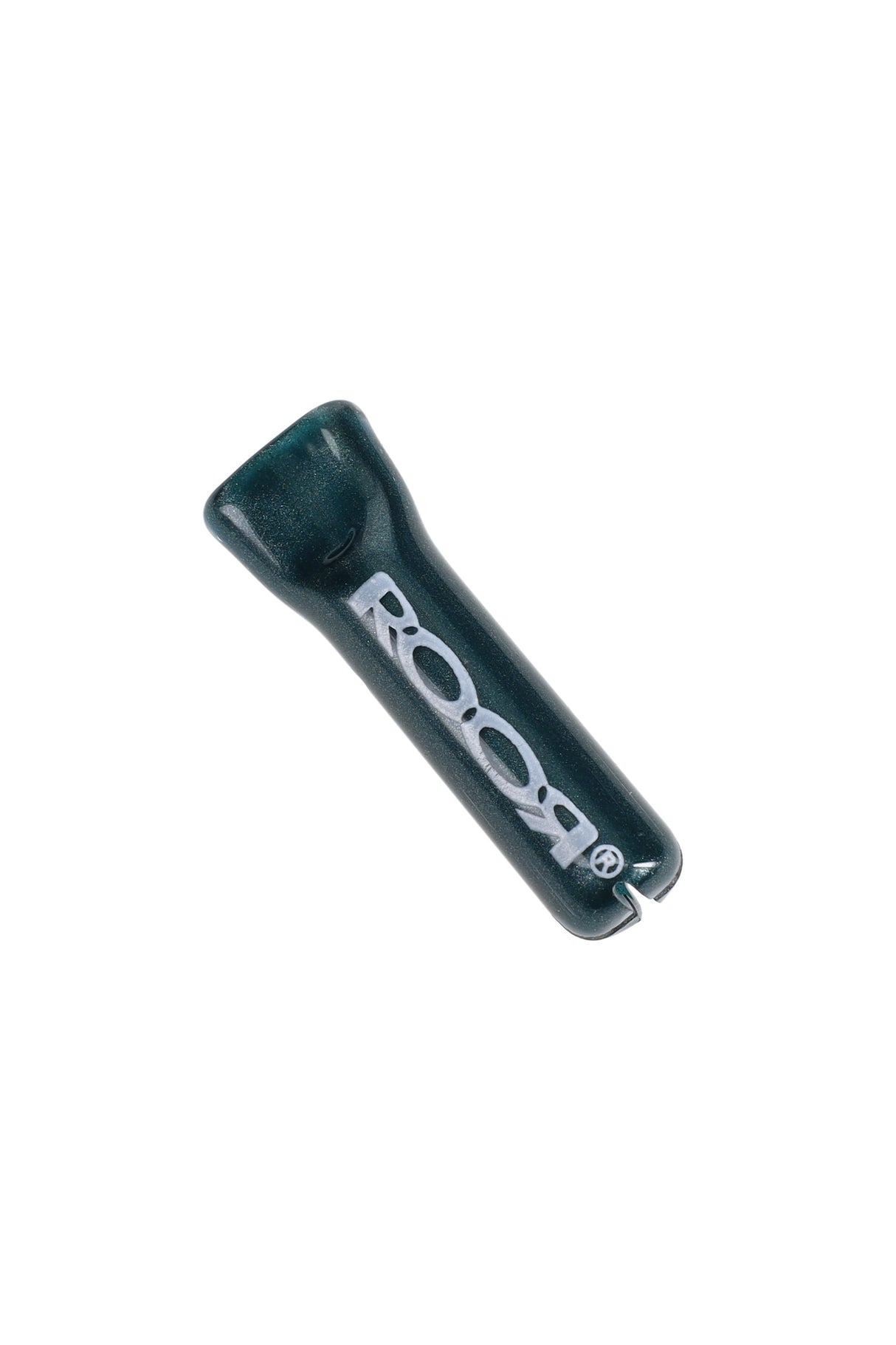 Dark teal RooR 10 mm colored glass rolling tip with white logo; compact reusable filter with notched end for smoother, cleaner pulls.