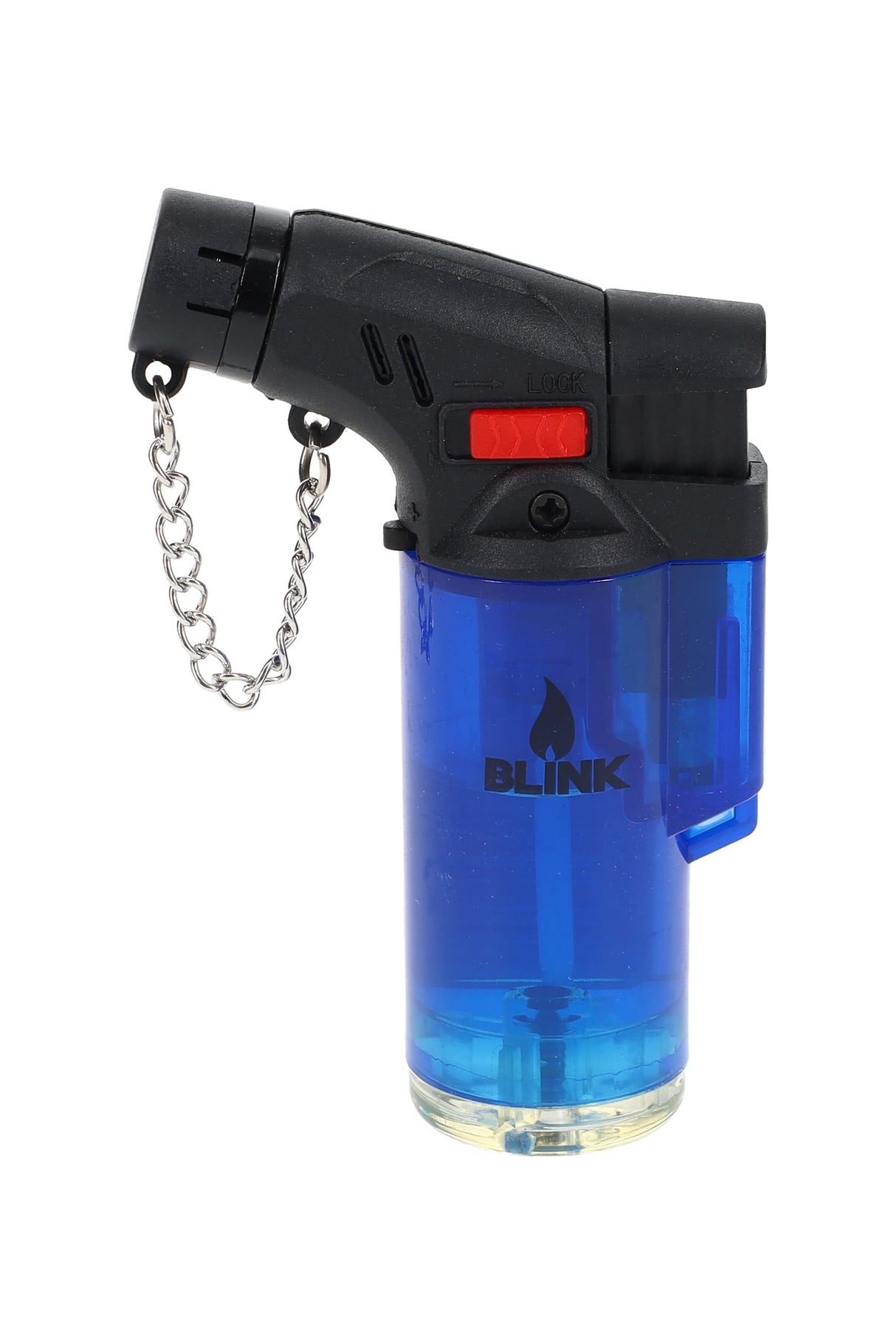 Blink mini angled butane torch lighter in translucent blue with safety lock and tilted nozzle, upright studio product view.