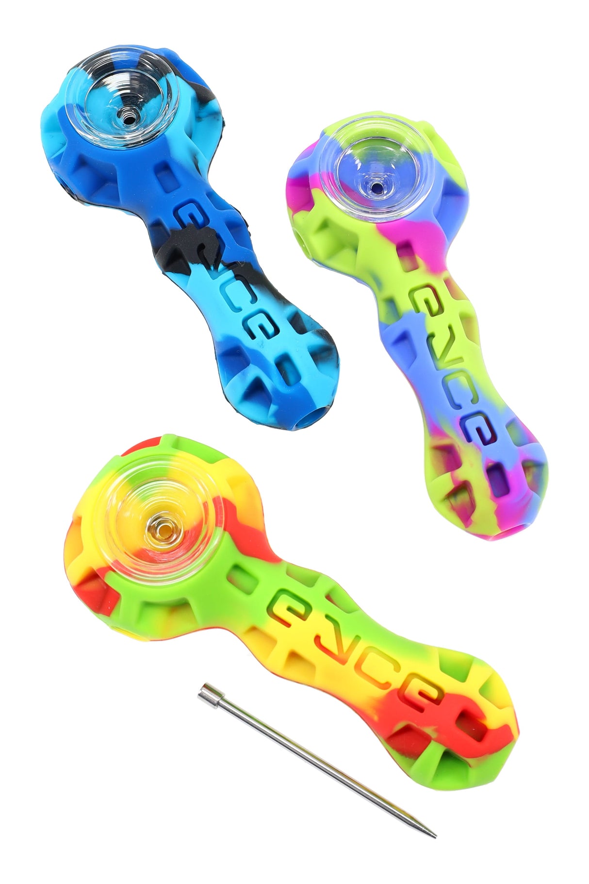 Multicolor Eyce silicone spoon pipe with inlaid glass bowl, embossed grip, and included metal poker; compact 4″ size, ships assorted.