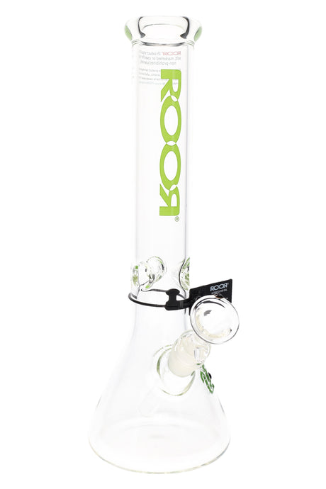 Clear ROOR 5 mm beaker bong with light-green ROOR logo, glass-on-glass downstem and bowl, ice pinch.