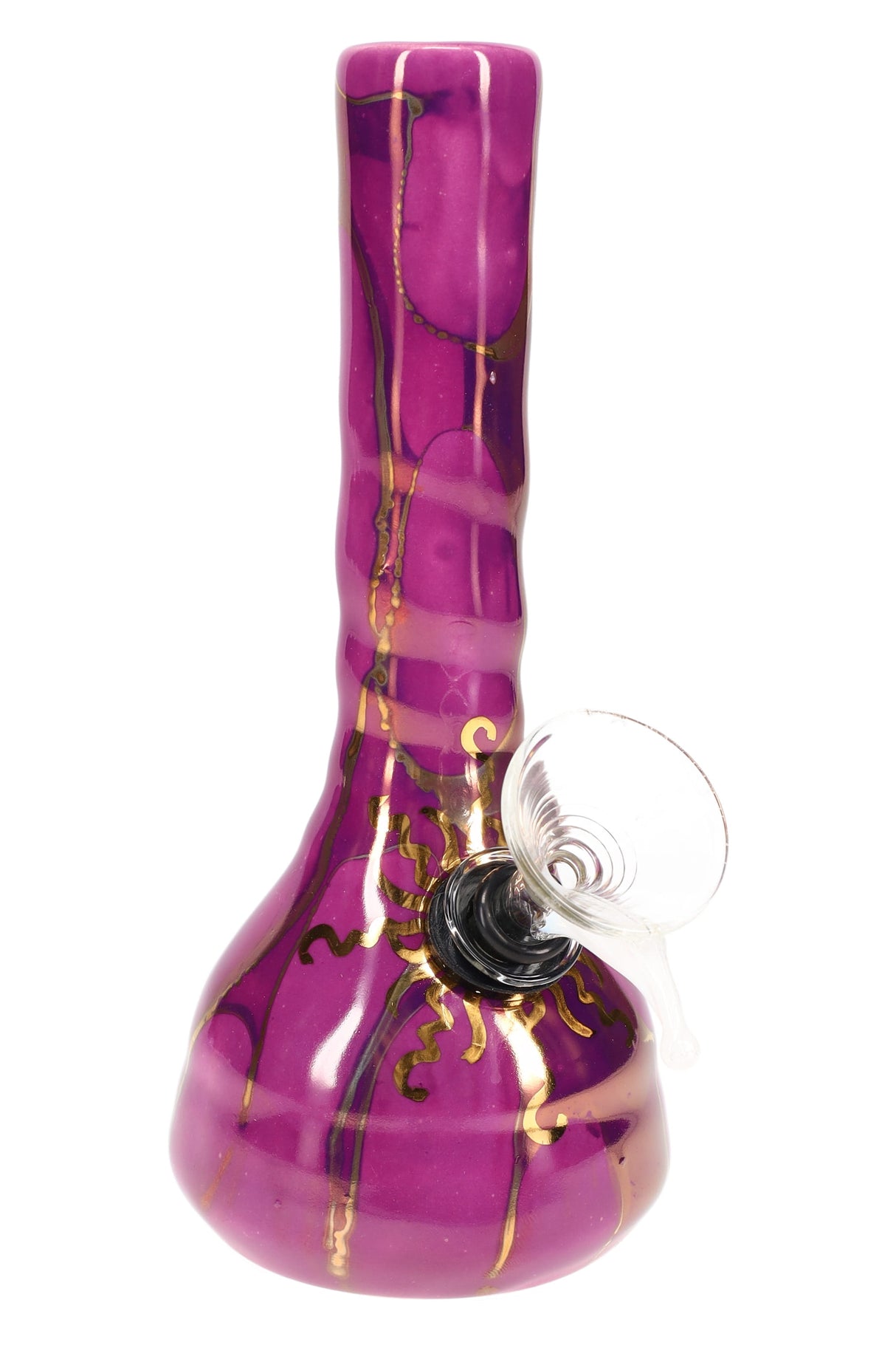 Orchid purple 6″ ceramic beaker bong showing textured neck, gold detailing, and rounded beaker bottom.