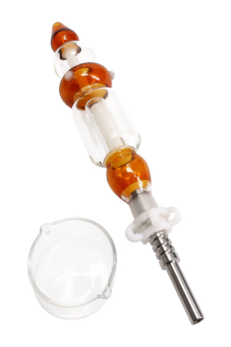 Amber-accent colored glass dab straw kit with 14.5 mm joint, stainless tip, keck clip, and glass tray; 9½-inch concentrate straw.