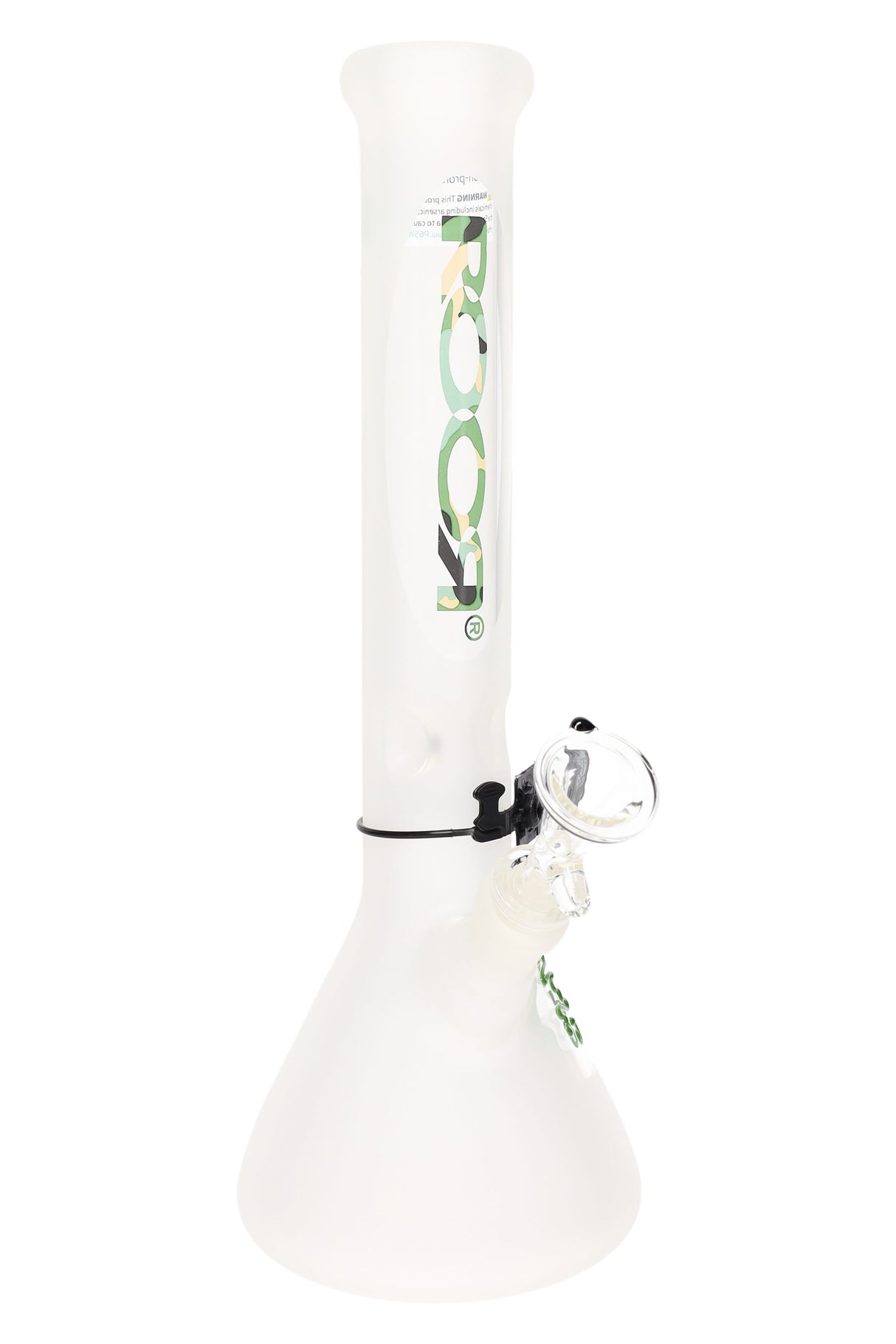 Frosted ROOR 14″ beaker bong with 45 mm tube, 5 mm glass, ice pinch, 18.8 mm female joint using a 14.5 mm bowl, camo ROOR decal, wide beaker base.