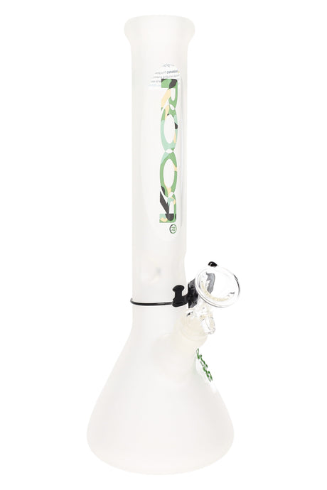 Frosted ROOR 14″ beaker bong with 45 mm tube, 5 mm glass, ice pinch, 18.8 mm female joint using a 14.5 mm bowl, camo ROOR decal, wide beaker base.