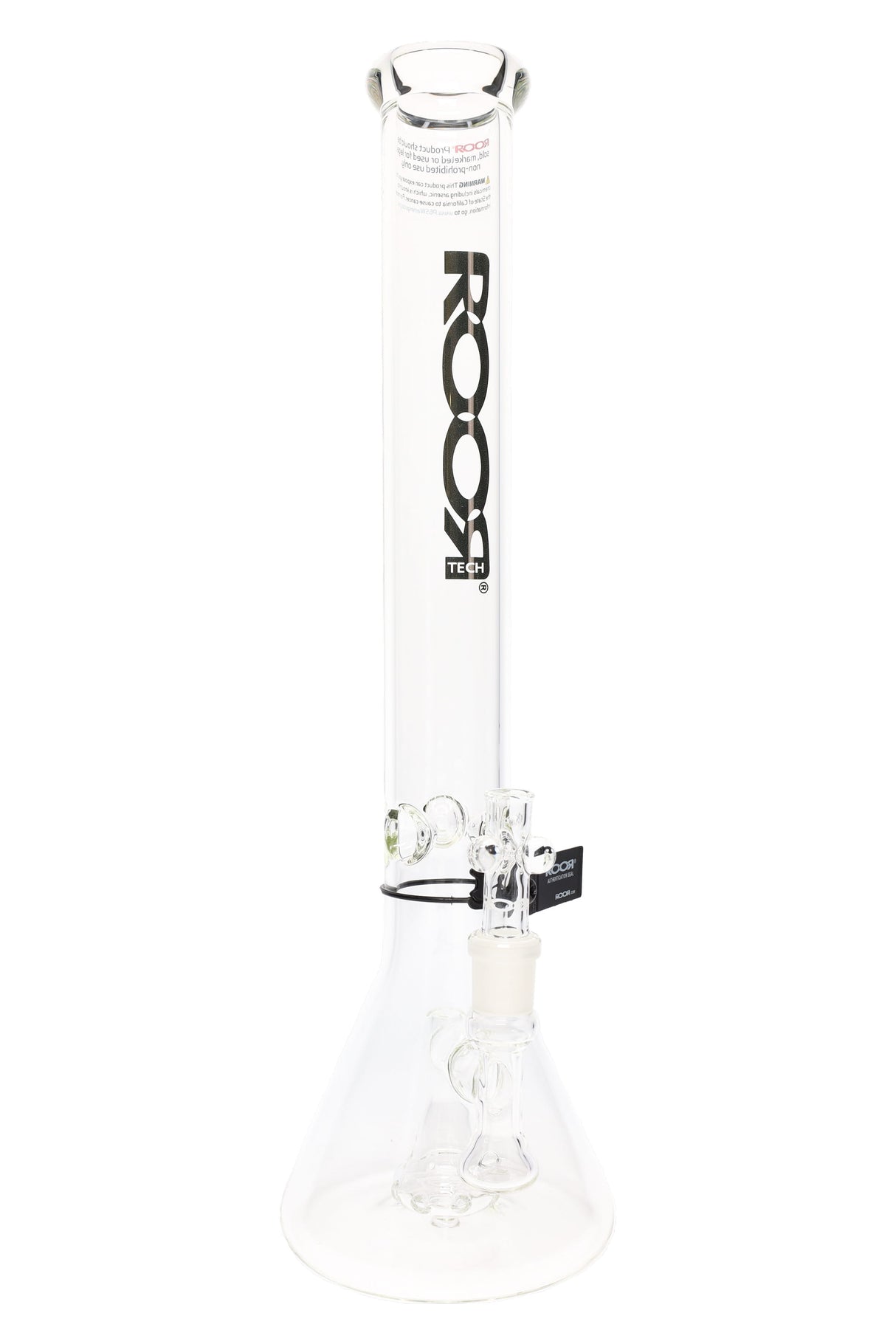 Clear ROOR Tech 18" stemless beaker bong with platinum ROOR Tech logo, showerhead perc and ice pinch.