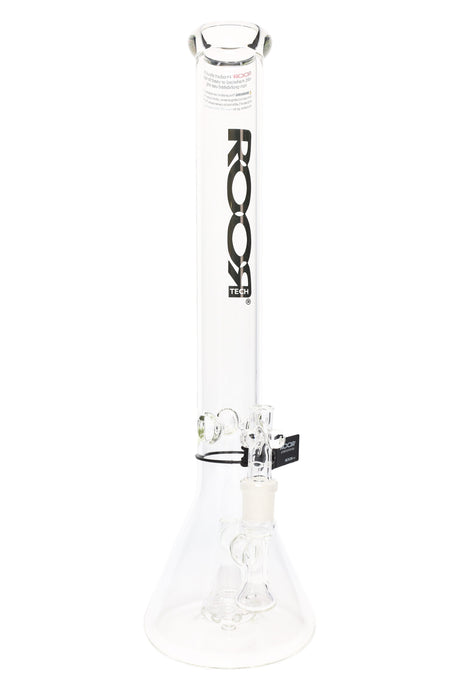 Clear ROOR Tech 18" stemless beaker bong with platinum ROOR Tech logo, showerhead perc and ice pinch.