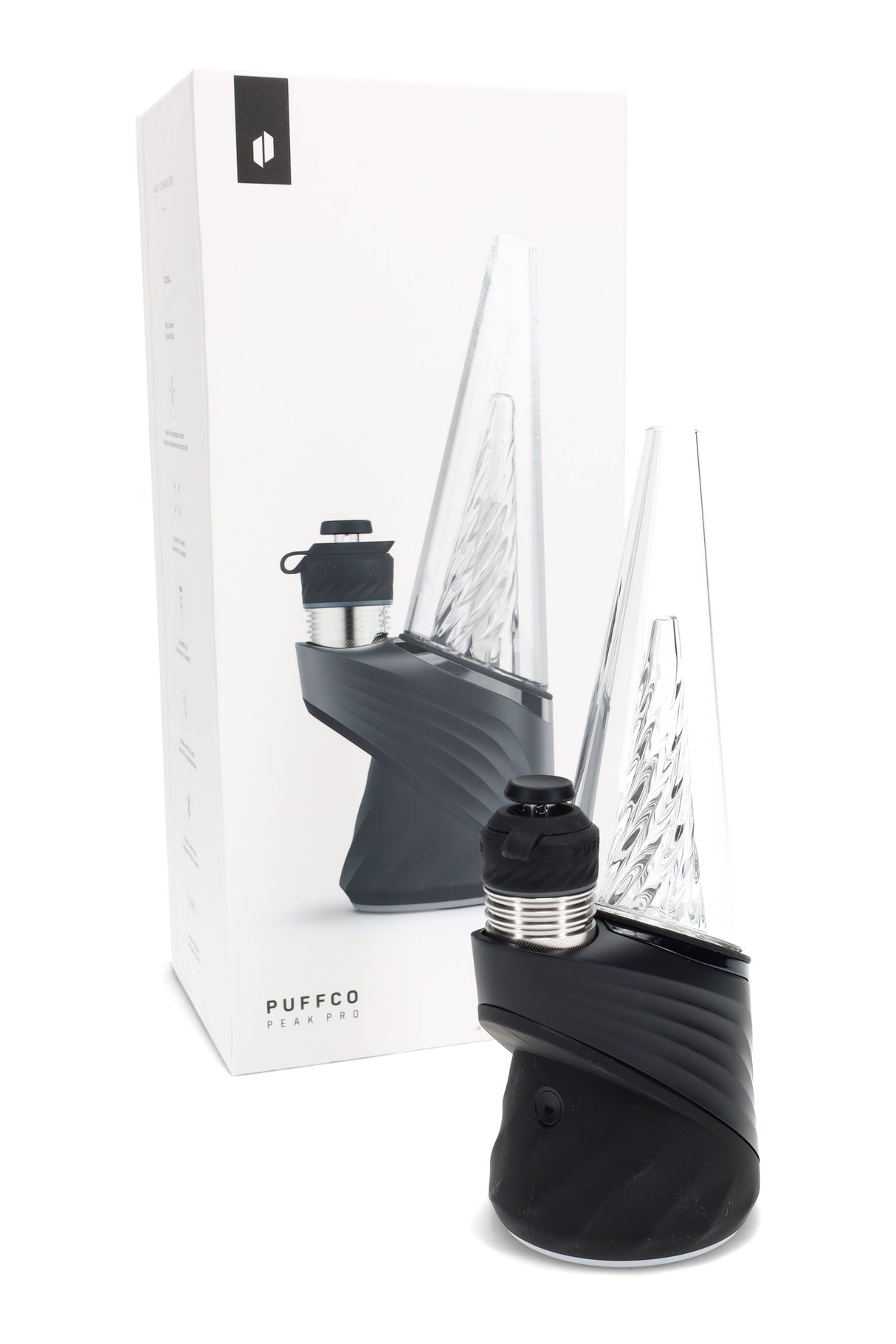 Puffco New Peak Pro 3DXL in Onyx beside retail box, cone glass top with spiral perc and XL Joystick Cap on textured base.
