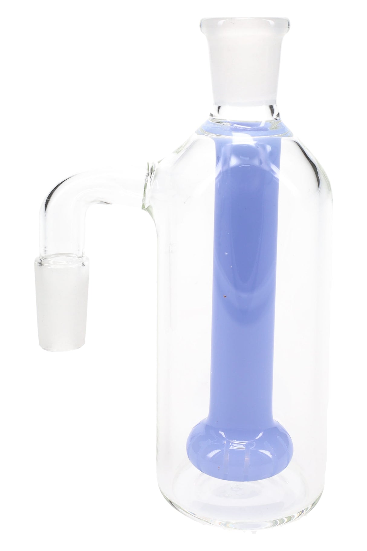 Blue-perc 90° showerhead ash catcher with clear body and frosted male joint angled left on white.