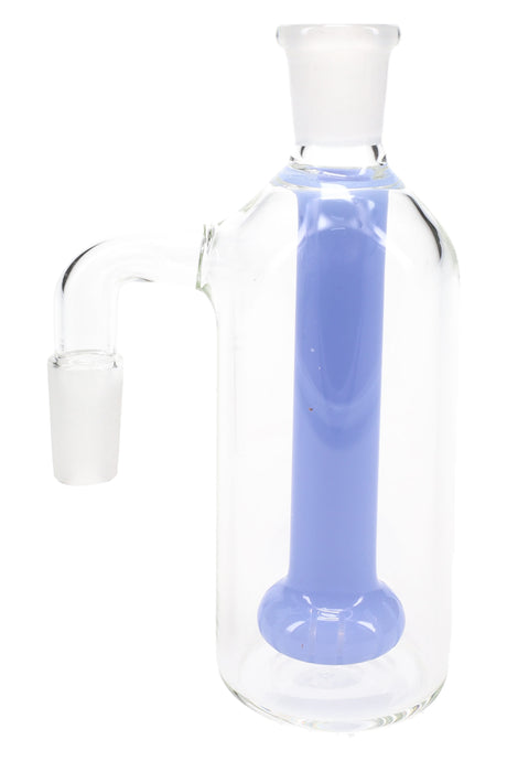 Blue-perc 90° showerhead ash catcher with clear body and frosted male joint angled left on white.