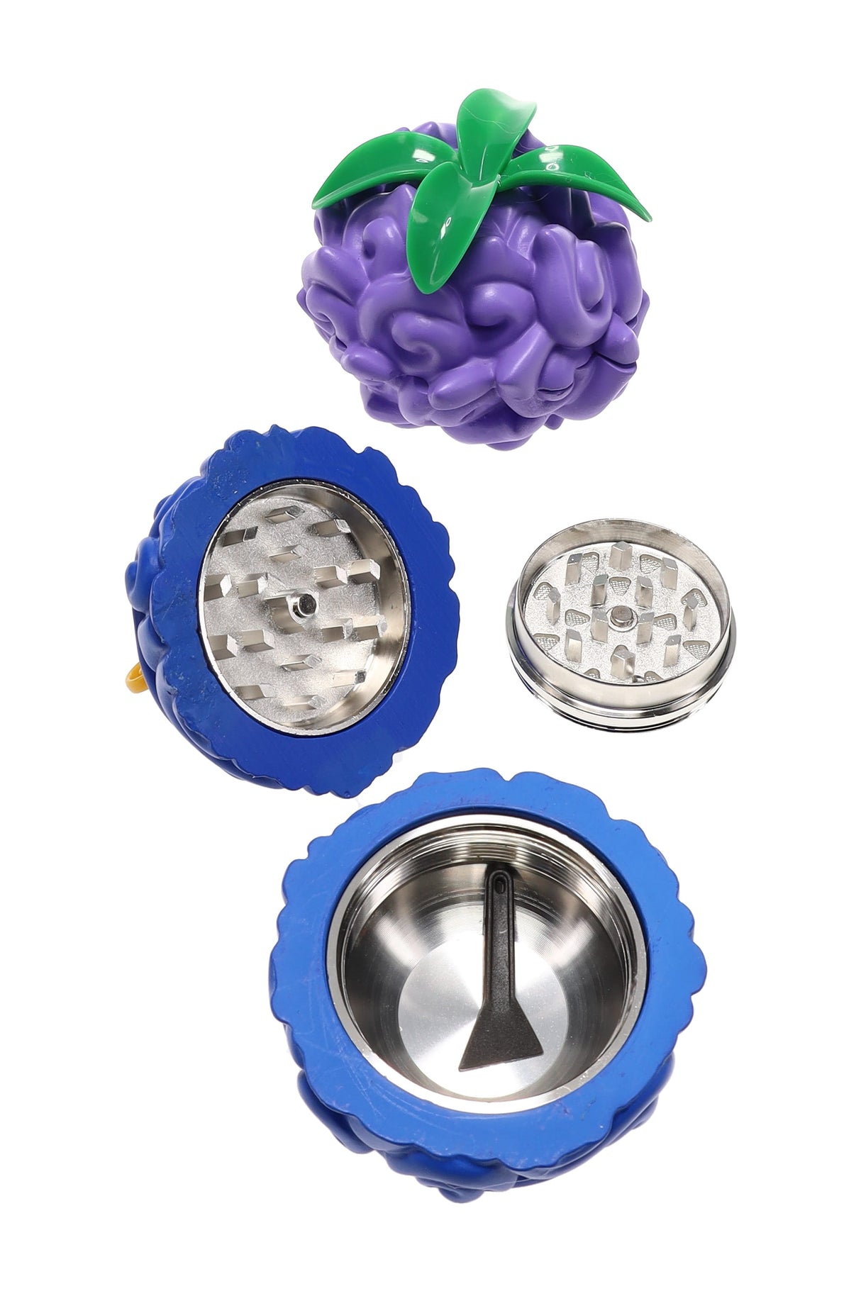 Open blue Devil Fruit herb grinder with metal teeth, screen, scraper, and 3-part dry herb design