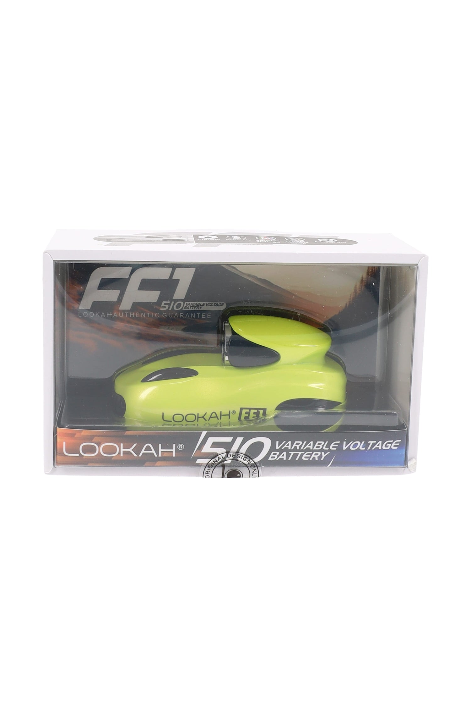 Lime Lookah FF1 510 battery boxed, streamlined racecar silhouette with top 510 port and variable voltage control.