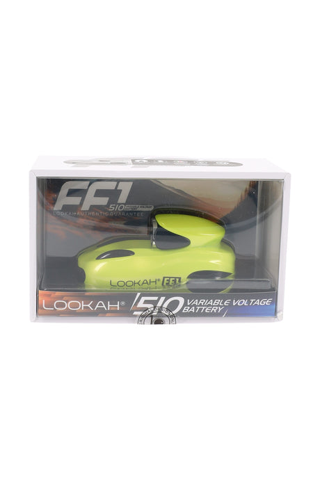 Lime Lookah FF1 510 battery boxed, streamlined racecar silhouette with top 510 port and variable voltage control.