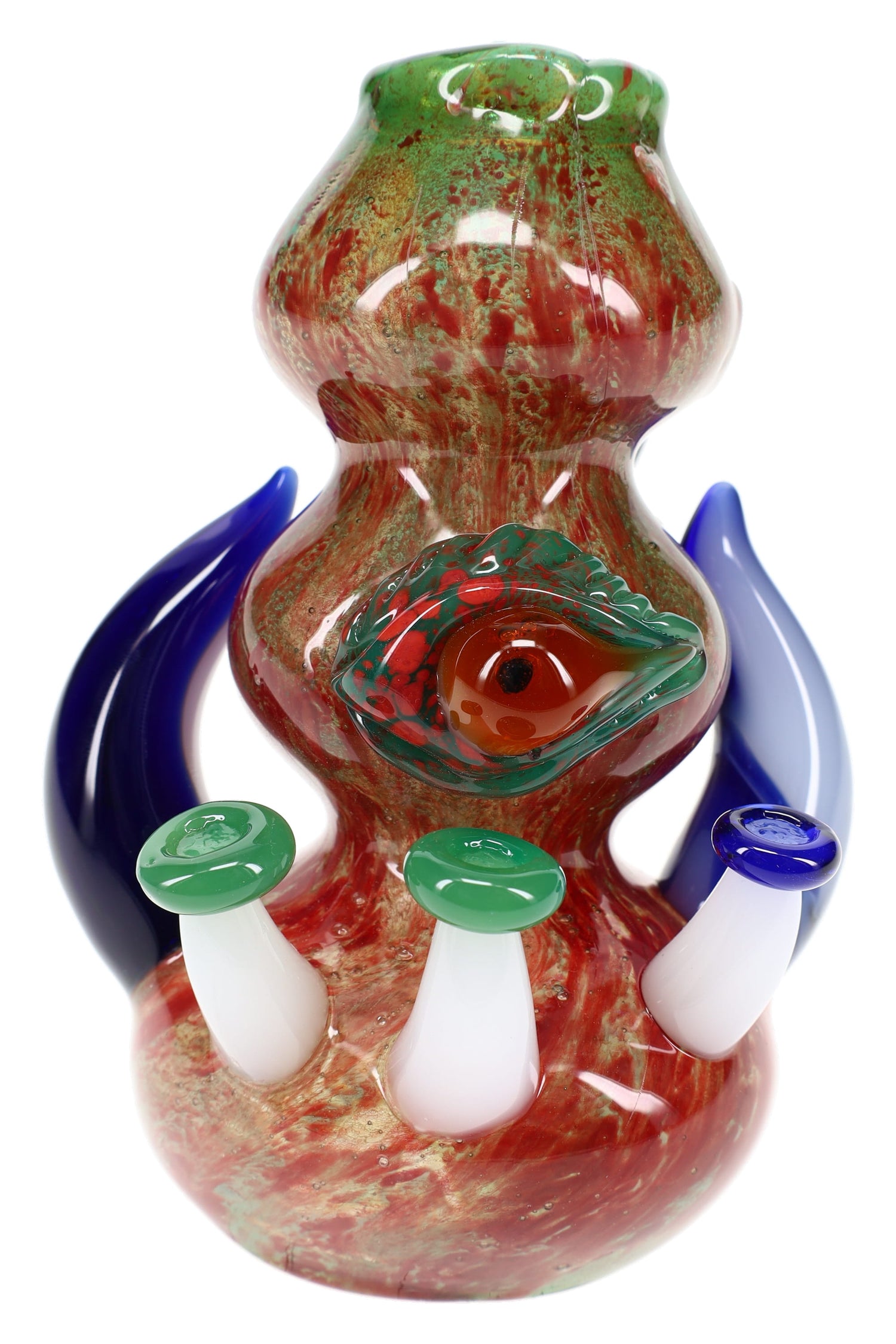 Close view of red-green silver-fumed hammer bubbler base with sculpted eye, blue horns, and white mushroom posts.