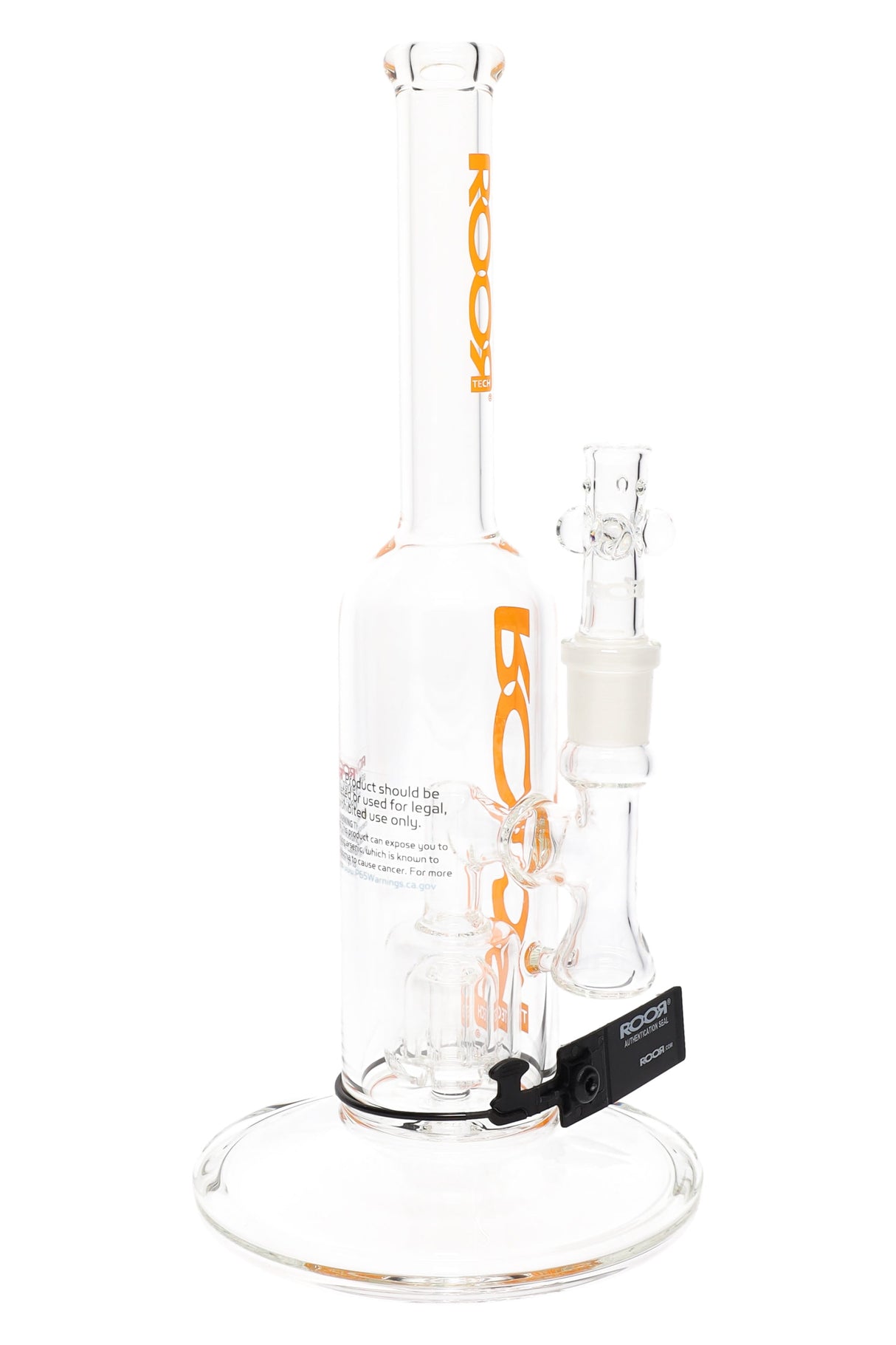 Clear ROOR Tech 12″ stemless straight tube bong with barrel perc, 18.8 mm female joint, reinforced intake, wide flat base, and orange ROOR decal.