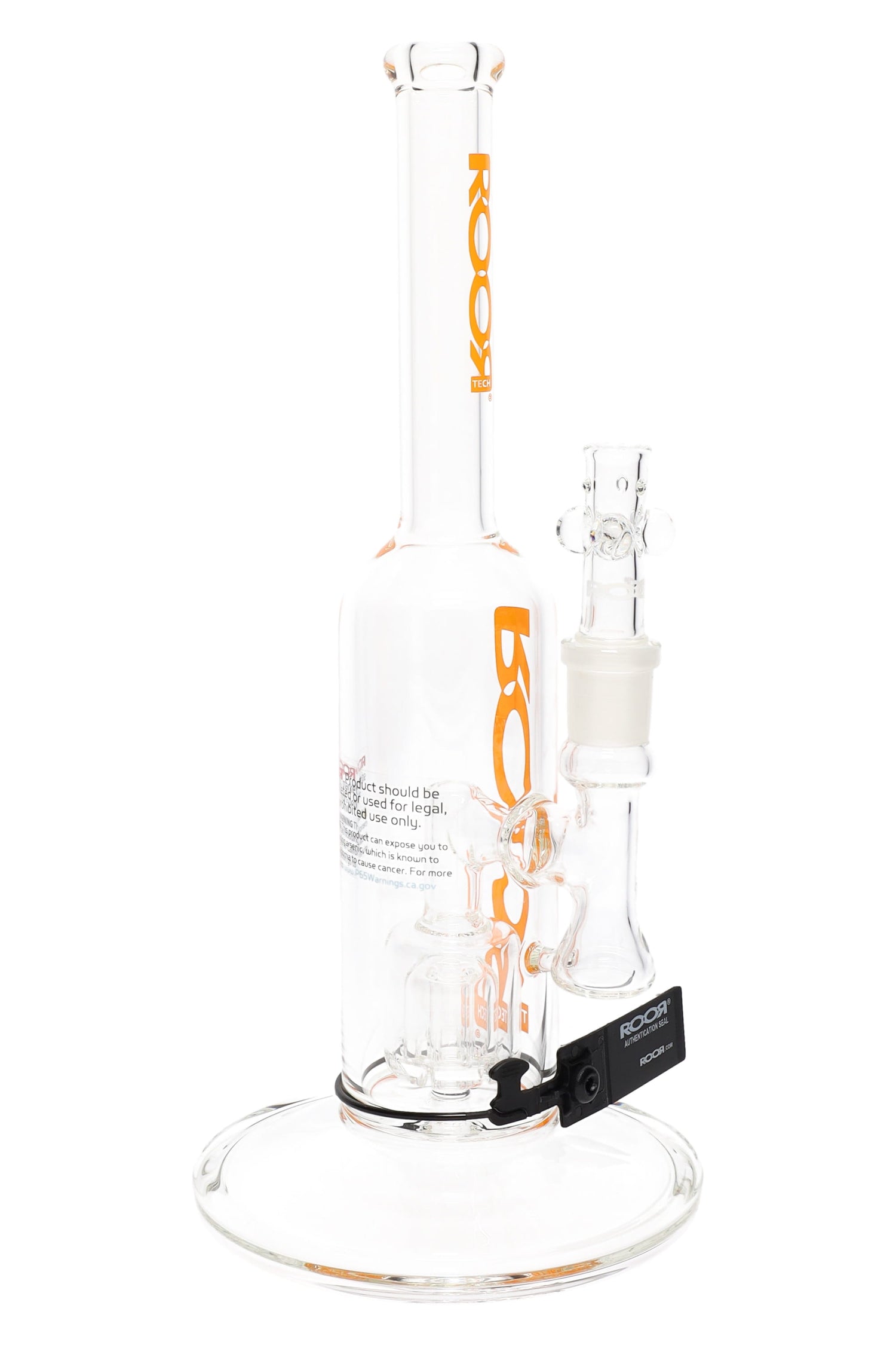 Clear ROOR Tech 12″ stemless straight tube bong with barrel perc, 18.8 mm female joint, reinforced intake, wide flat base, and orange ROOR decal.