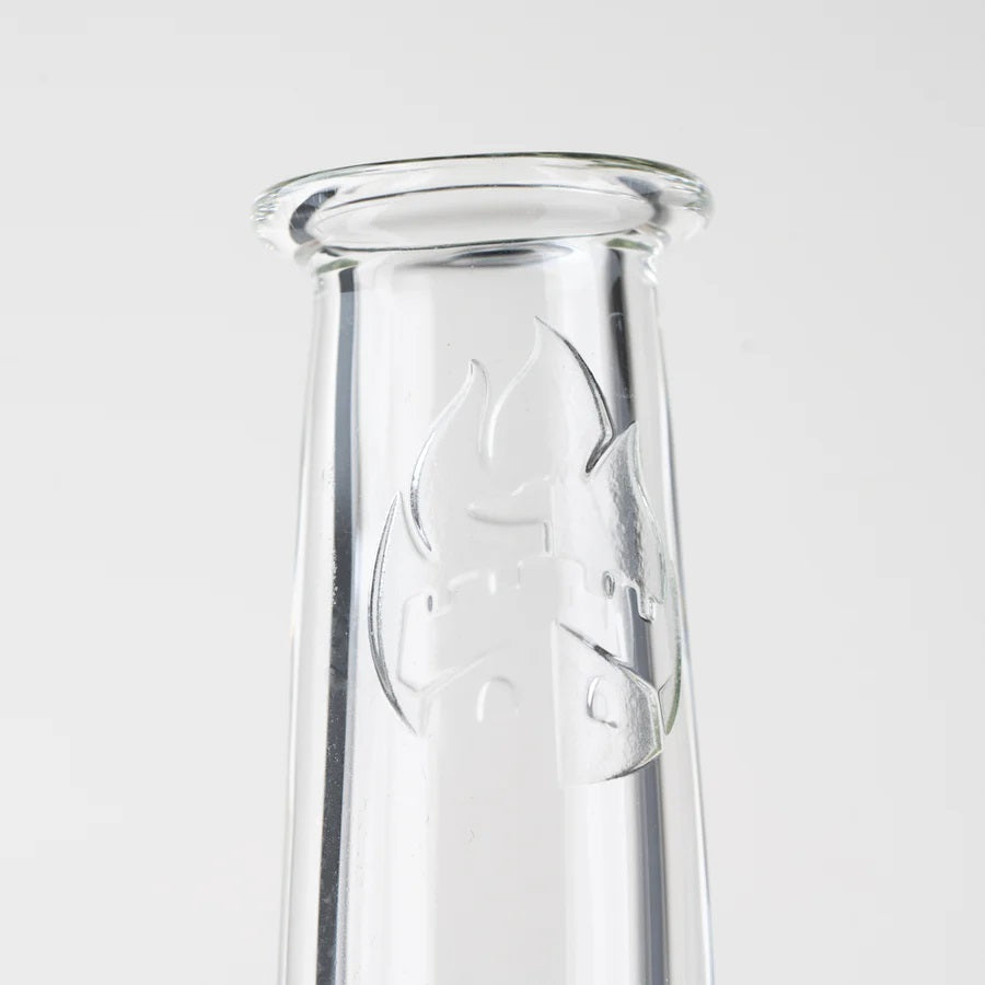 Close-up of clear glass mouthpiece with etched Empire flame logo on 16″ Peak Pro attachment