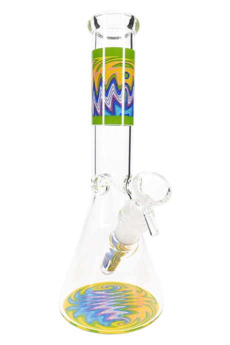 Green-band wig-wag beaker bong showing funnel bowl and removable downstem, 10″ height with ice pinch.