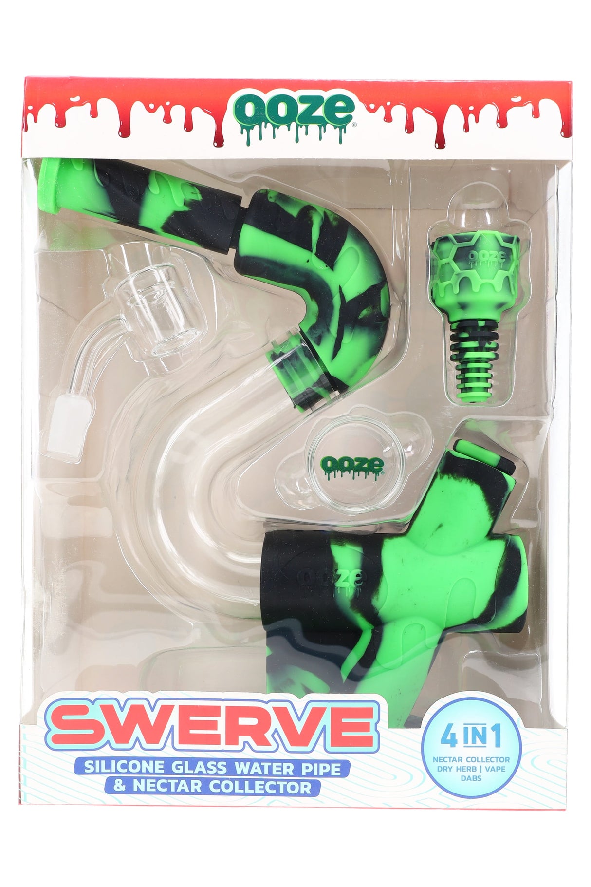 Green-black Ooze “Swerve” hybrid set packaged with quartz banger, nectar collector tip, and branded glass jar.