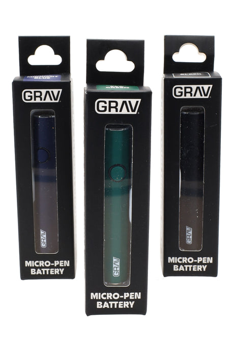Three boxed GRAV Micro-Pen 510 batteries in black, green, and blue colorways, slim button design visible through window packaging.