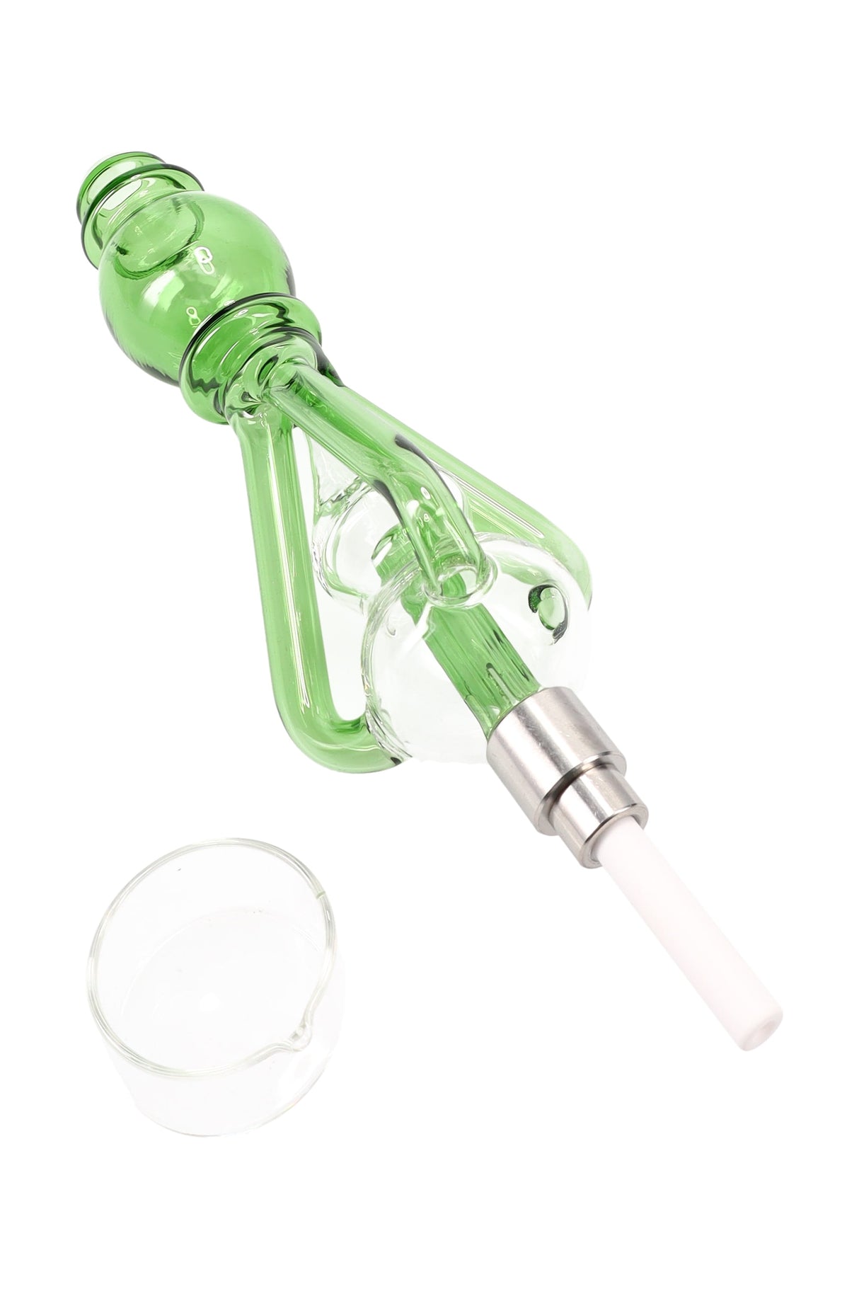 Green recycler dab straw kit with ceramic tip and glass dish; 9-inch looped cooling pathway.