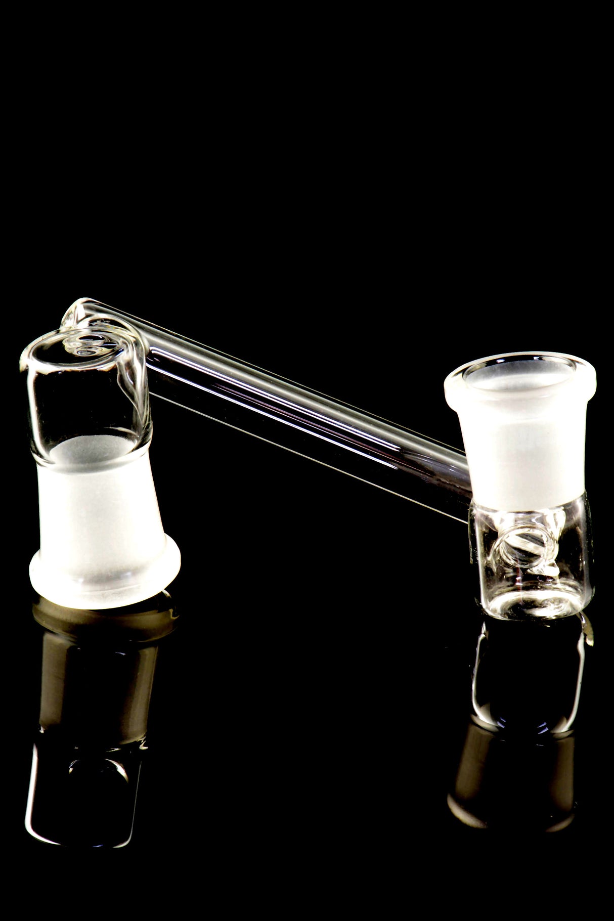 Close-up drop-down sidecar glass adapter for bongs with 18.8 mm female joints and frosted seats, displayed on black backdrop.