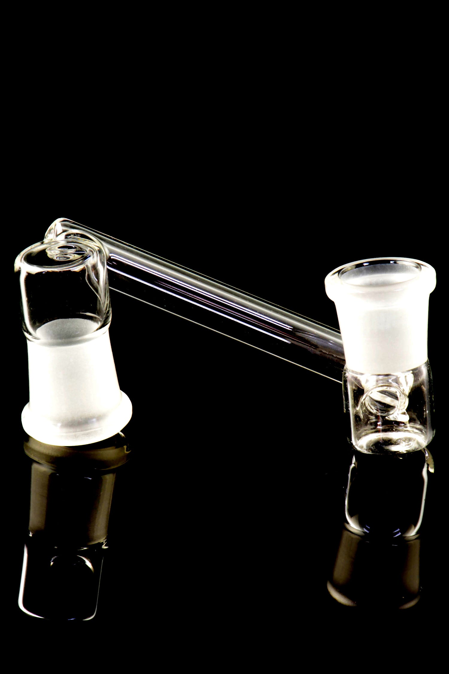 Close-up drop-down sidecar glass adapter for bongs with 18.8 mm female joints and frosted seats, displayed on black backdrop.