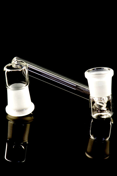 Close-up drop-down sidecar glass adapter for bongs with 18.8 mm female joints and frosted seats, displayed on black backdrop.