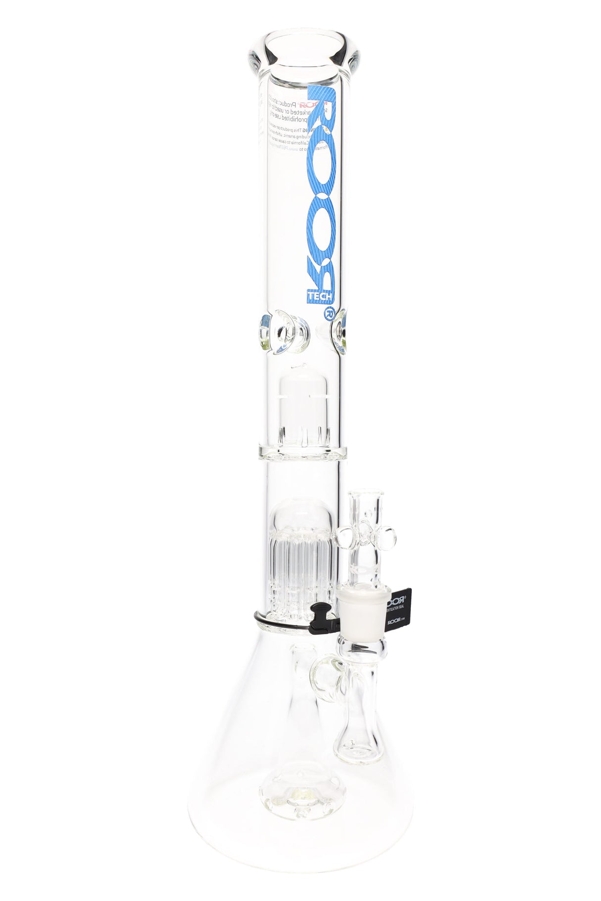 ROOR Tech clear 18″ beaker bong showing stemless intake, multi-perc stack, ice catcher, flared lip, 5 mm glass, blue ROOR Tech decal and sturdy base.