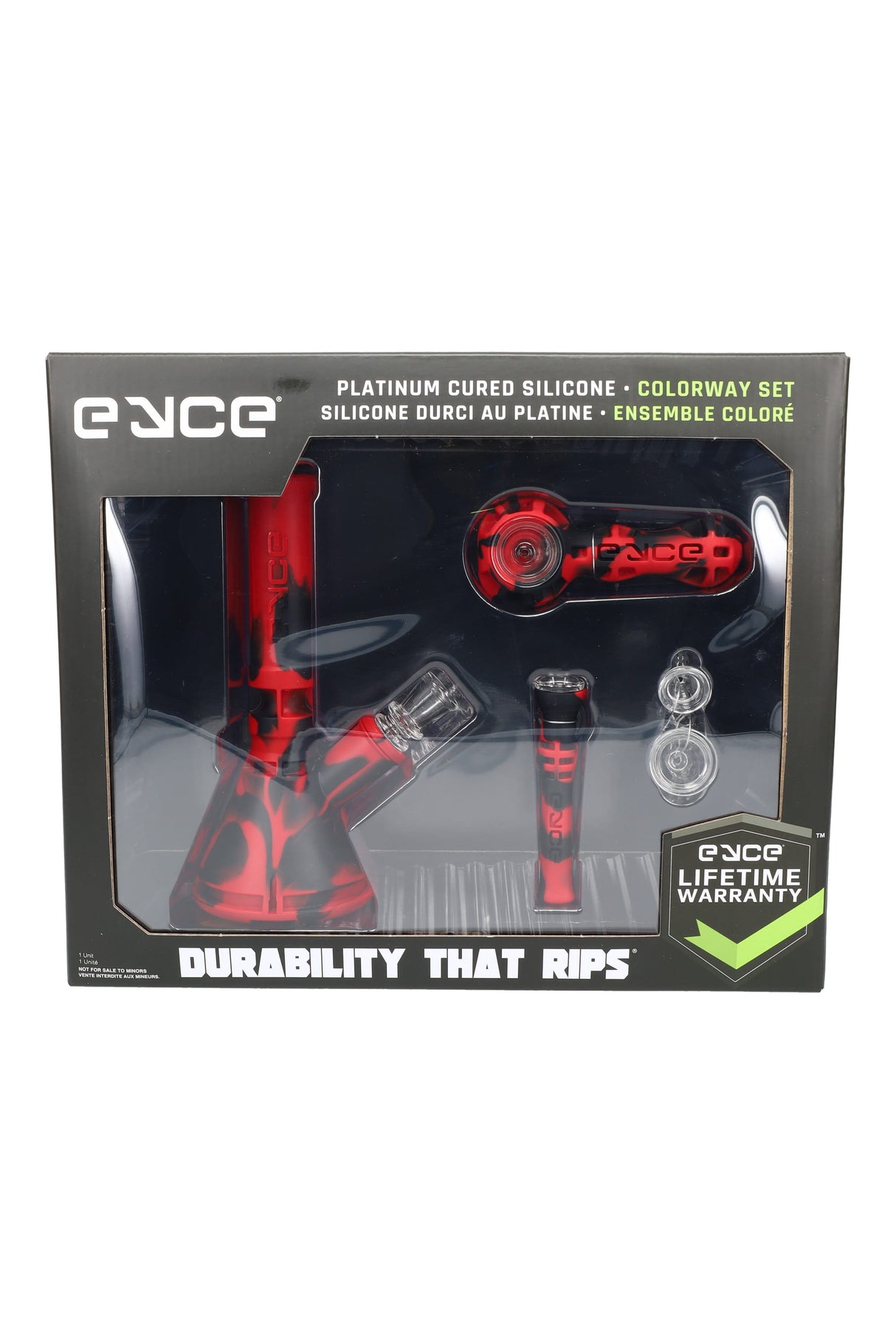 Eyce Colorway Set boxed in red/black silicone with matching pieces.