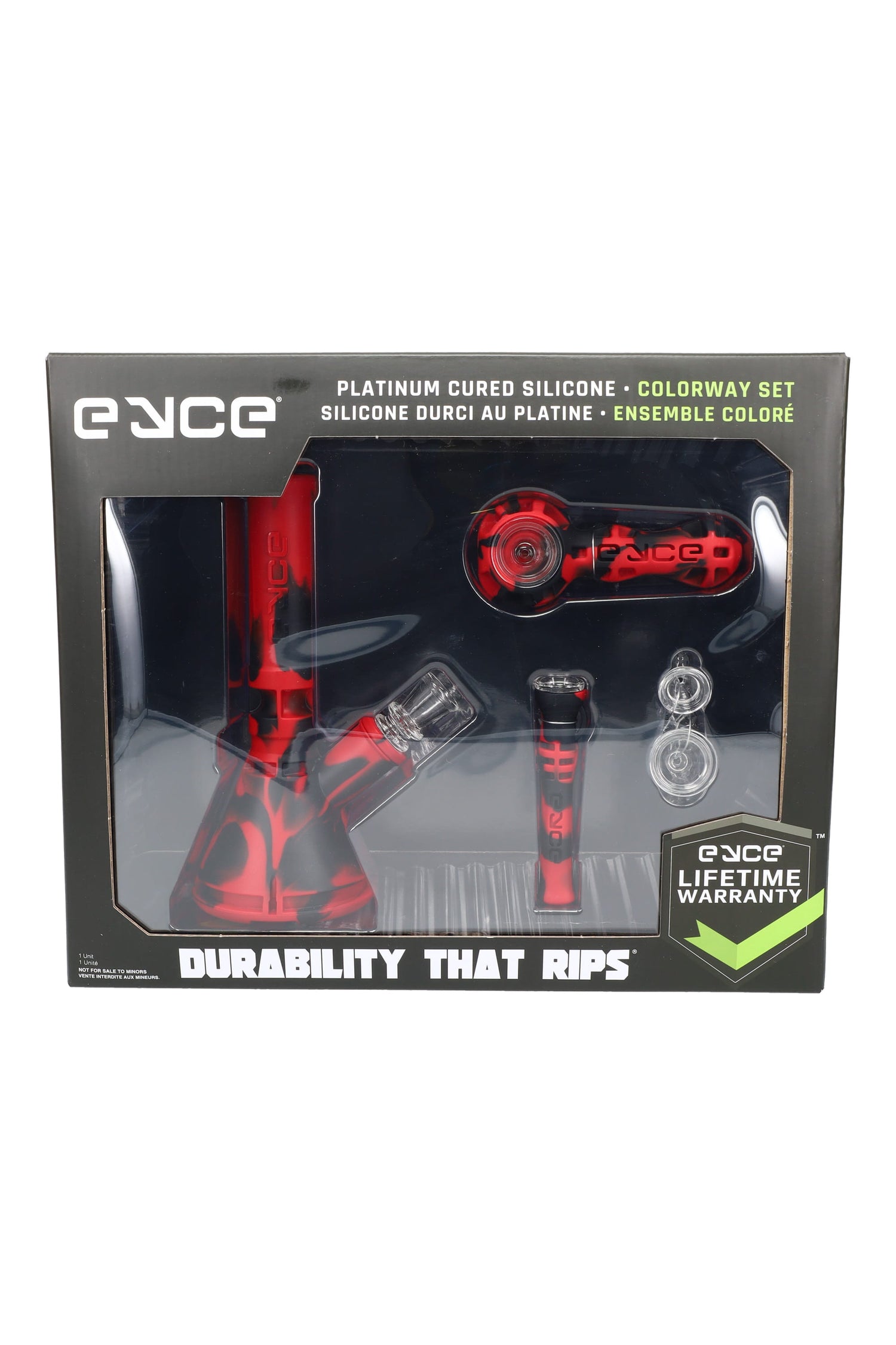 Eyce Colorway Set boxed in red/black silicone with matching pieces.
