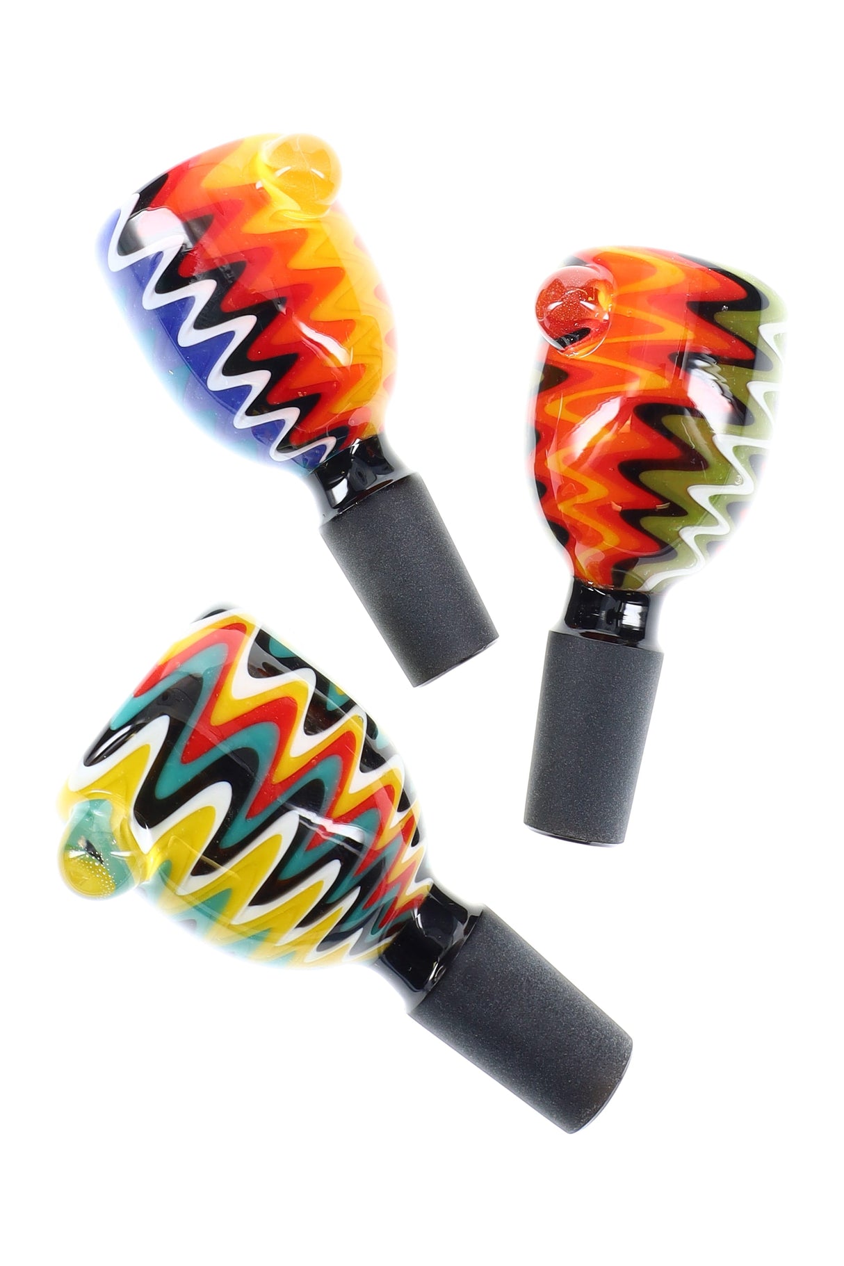 Three 14.5 mm male glass bowls with black joints, zigzag reverse colors, and marble accents