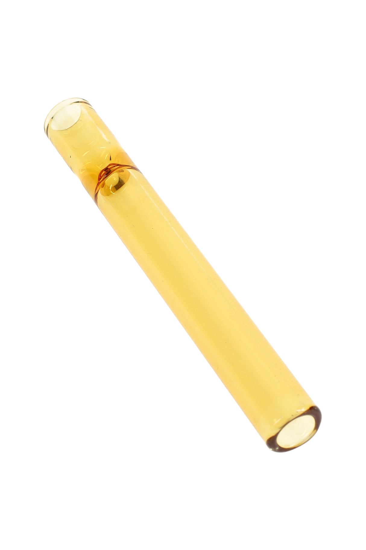Amber 4″ glass one-hitter bat with center pinch, straight chillum tube for dry herb, studio close-up.