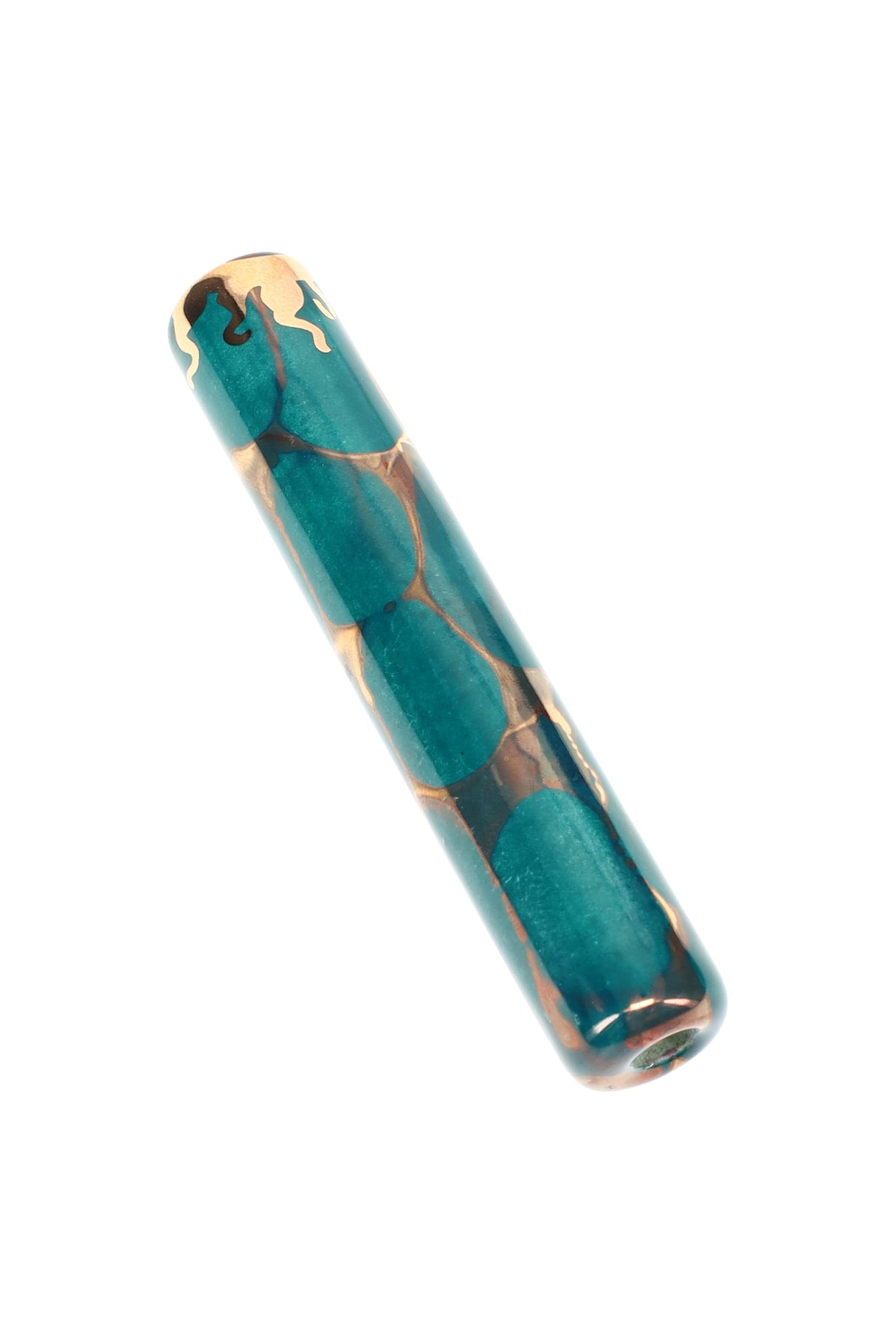 Teal ceramic one-hitter bat with glossy marbled glaze and gold drip accent near the bowl end.
