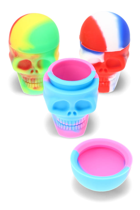 Assorted 15ml silicone skull jar for wax concentrates, neon rainbow swirl colors shown with lid on and off for capacity view