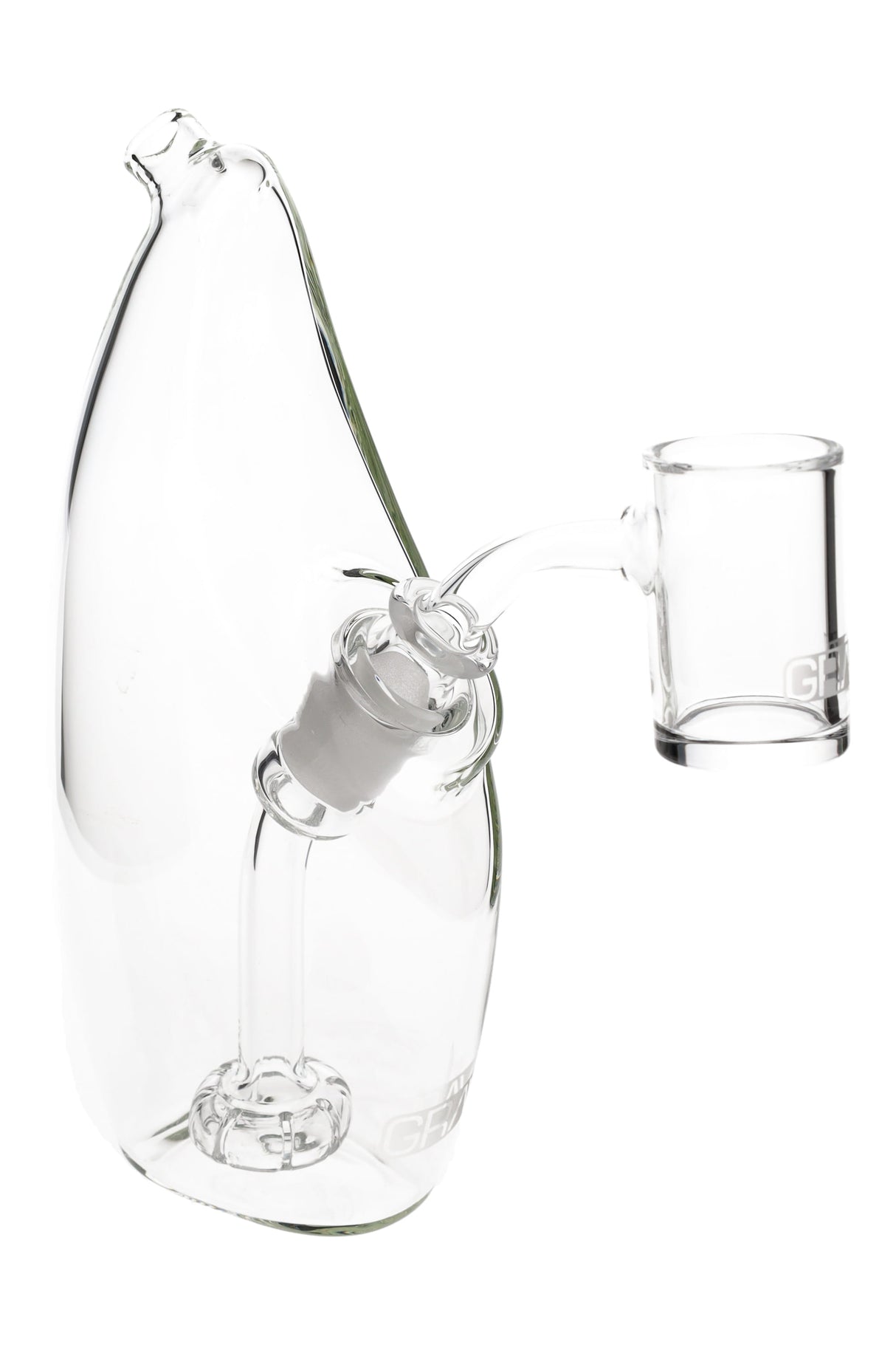Compact 6.75-inch GRAV Rain Showerhead dab rig in clear borosilicate with fixed 8-hole perc, 14 mm female joint, and included 45° quartz banger, front view.