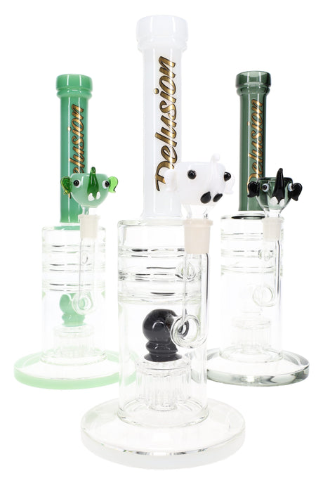 12-inch Delusion straight glass bong with gold decal, elephant bowl, and tree percolator, shown in assorted green and white accents.