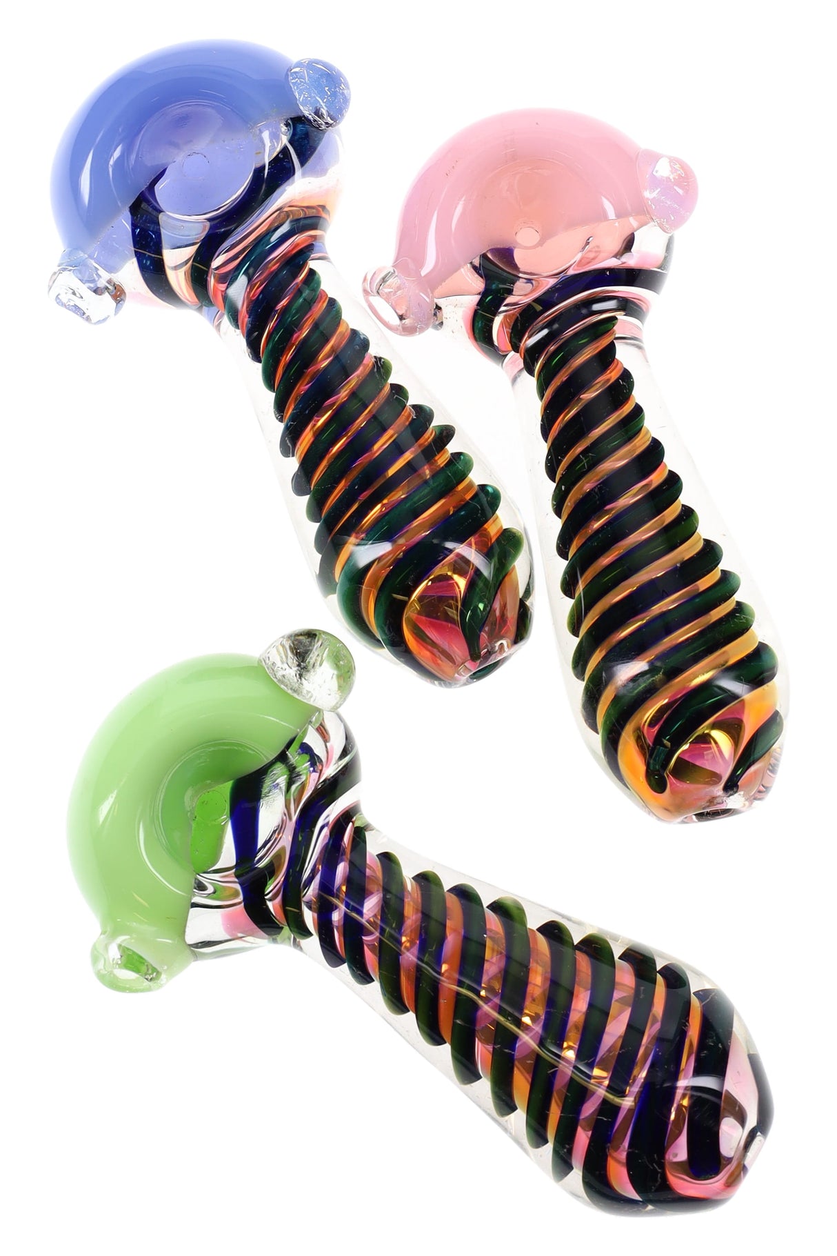 4½″ gold-fumed glass hand pipe with neon bowl, metallic spiral stripes, and marble accent, shown in assorted colors.
