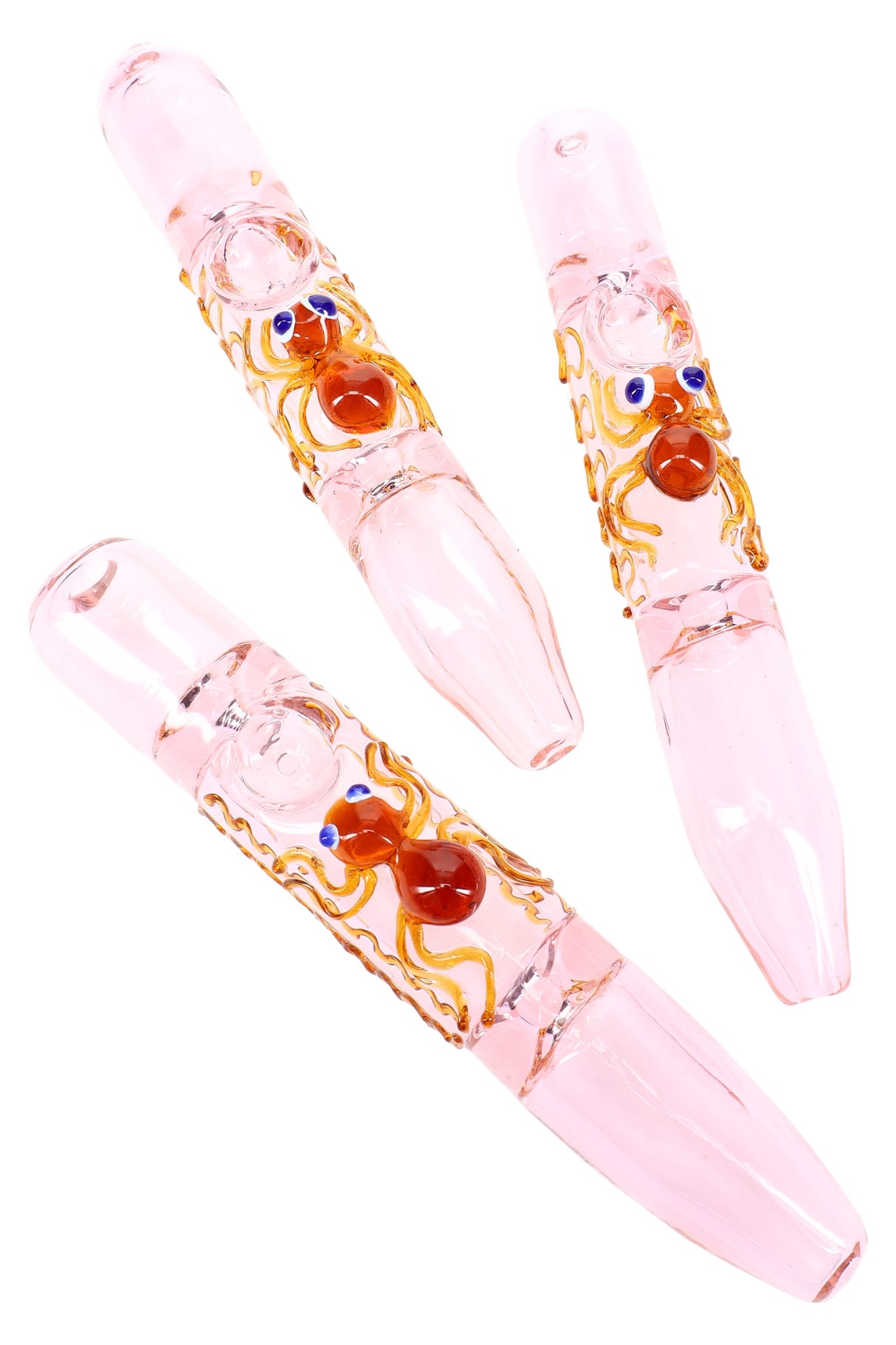 7″ pink glass steamroller with sculpted critter applique and front carb, straight barrel design for powerful clears.