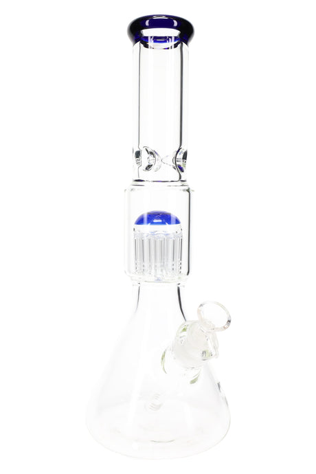 Clear beaker bong with dark blue mouth rim and jelly-style tree perc chamber centered in neck, 15 inches tall.