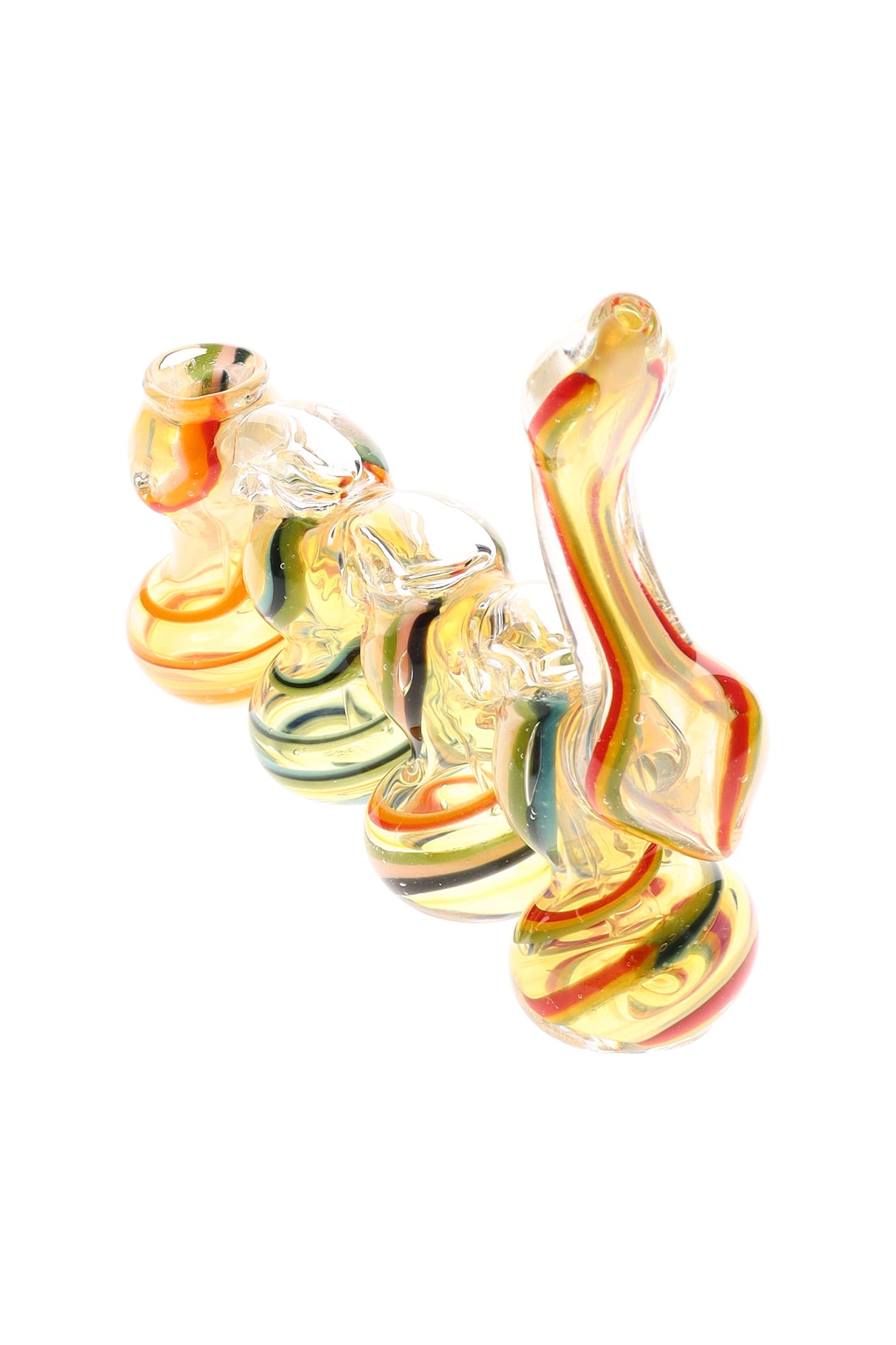Large quadruple-chamber sherlock bubbler with colorful cane stripes and curved mouthpiece, shown in assorted colors on white background.