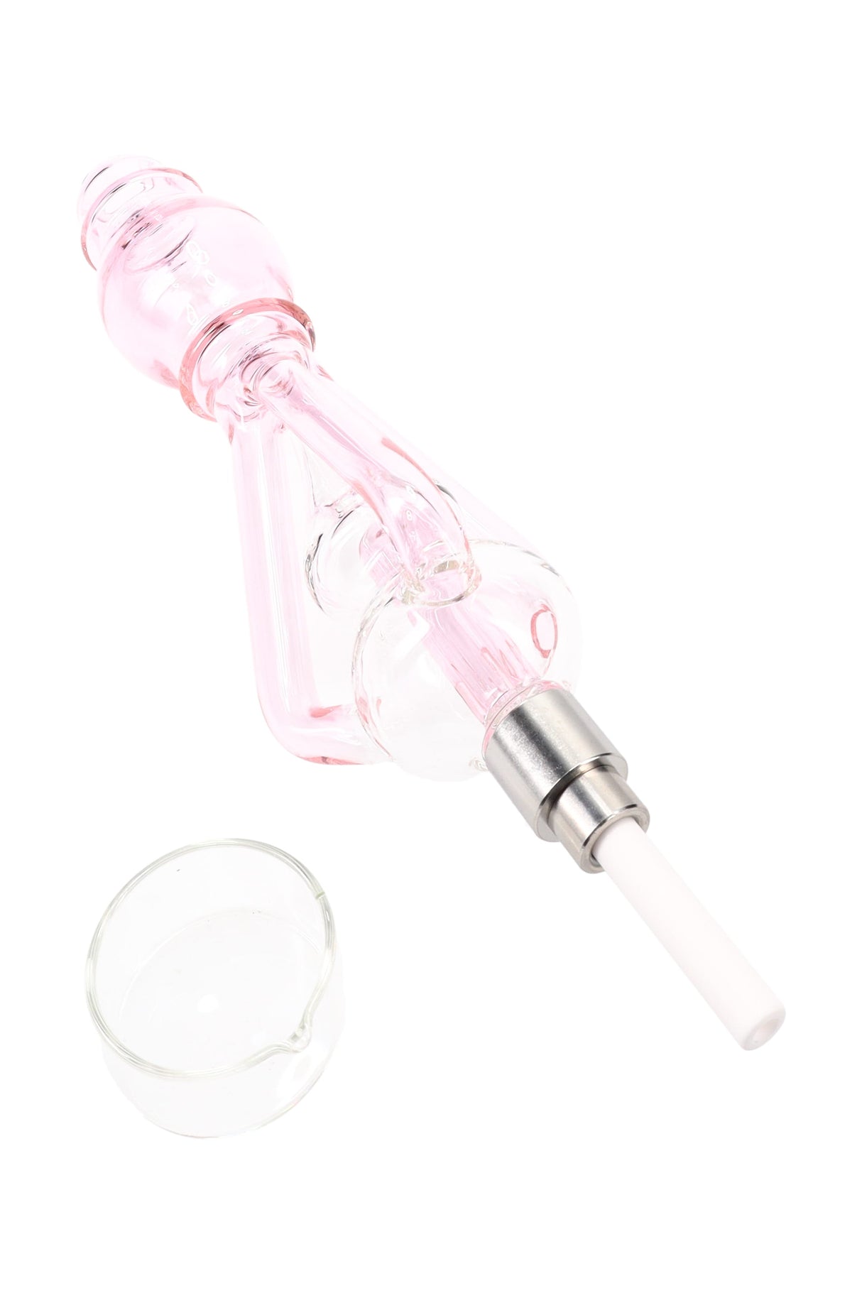 Pink recycler dab straw kit featuring ceramic tip and separate glass dish; 9-inch handheld design.