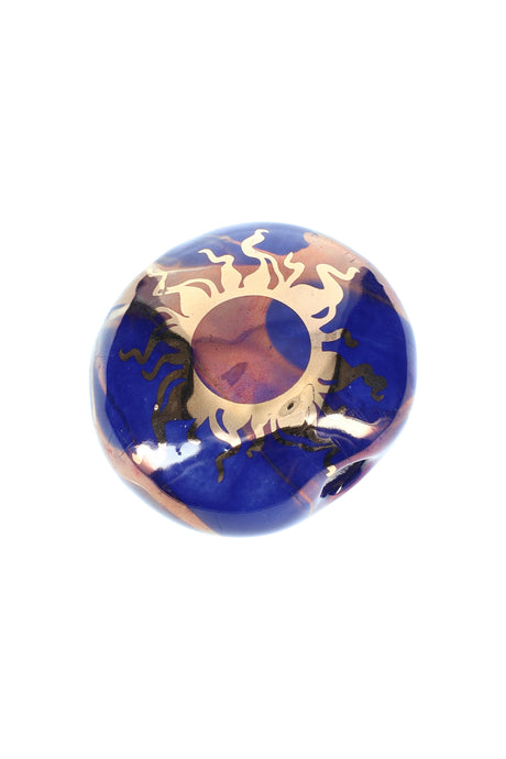 2-inch round ceramic smoke stone hand pipe in royal blue with 22-karat gold sun emblem.