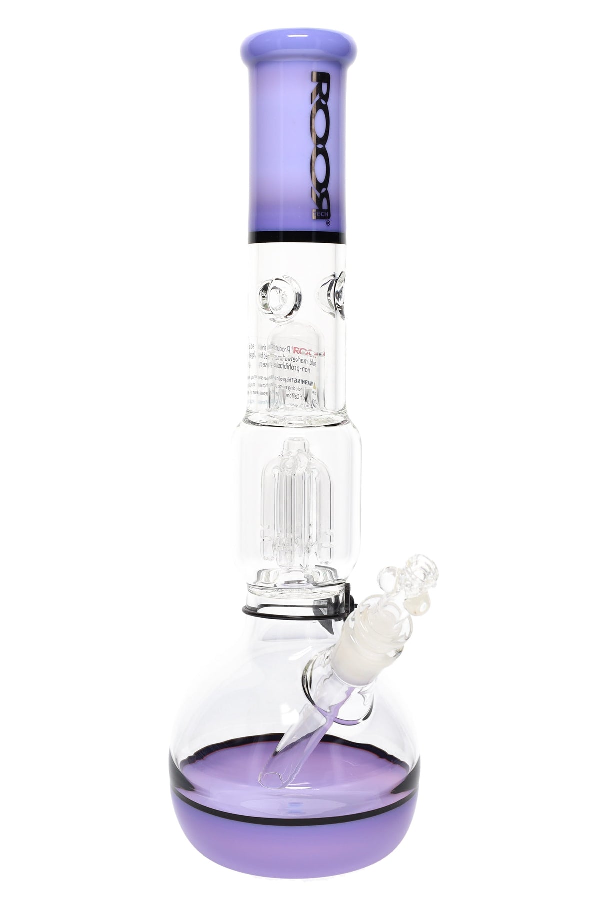 Purple/black-accent ROOR Tech 14-inch bubble base bong with tree perc, glass-on-glass downstem and bowl.