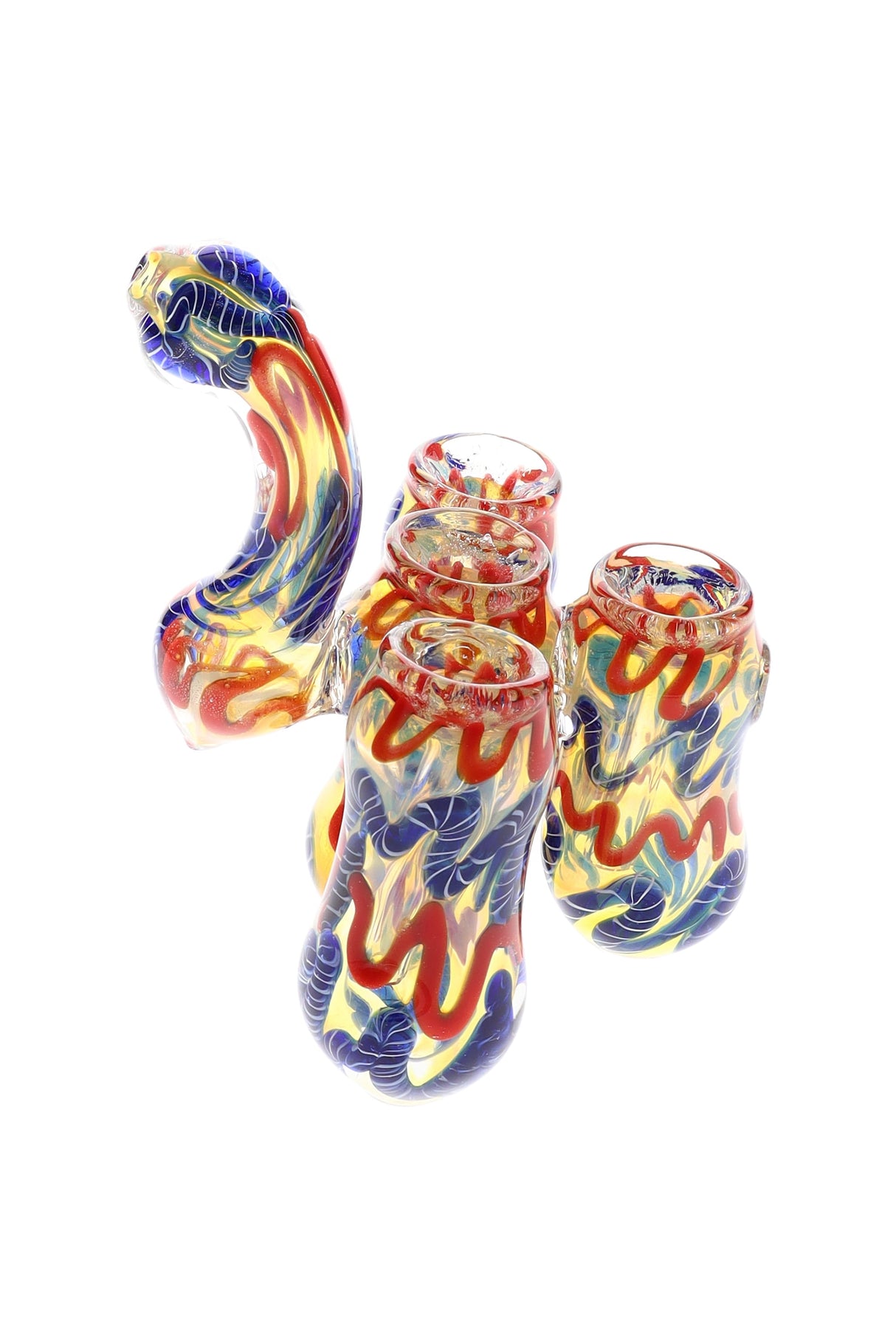 Side view of four-bulb sherlock bubbler highlighting ribbon stripes, fixed herb bowl, and arched mouthpiece in thick fumed glass.
